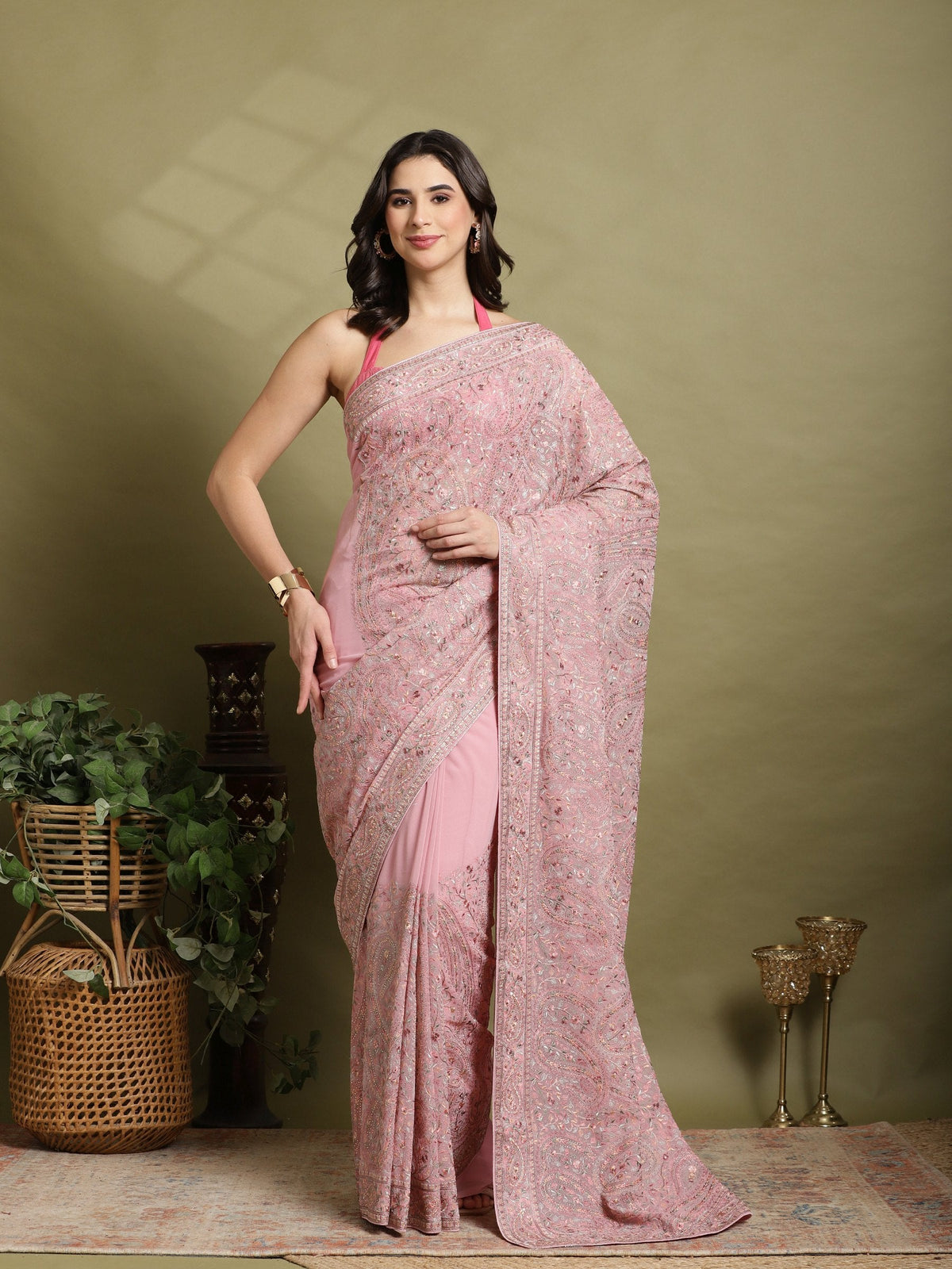 Pink Lavender Embroidered Georgette Saree