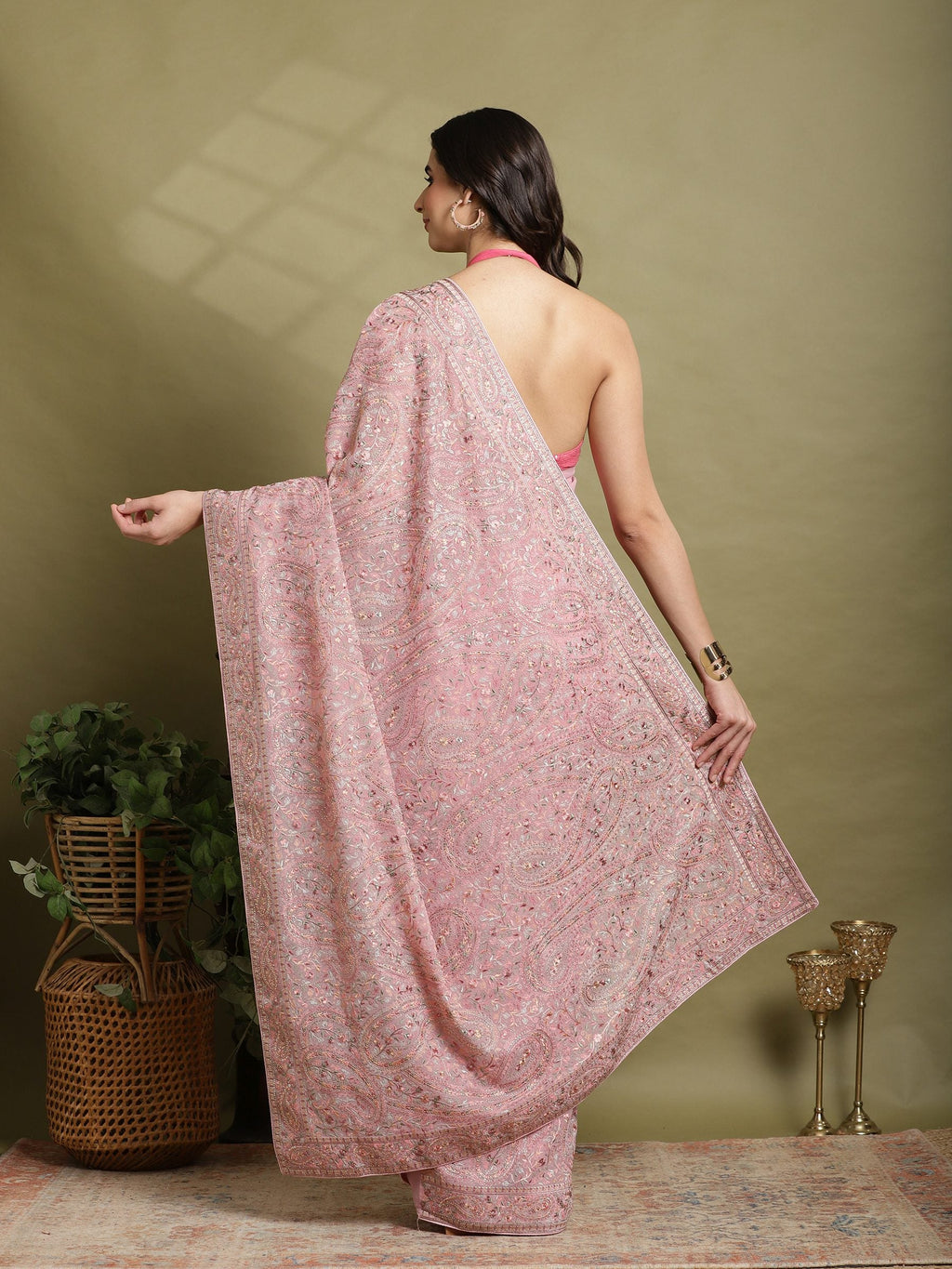 Pink Lavender Embroidered Georgette Saree
