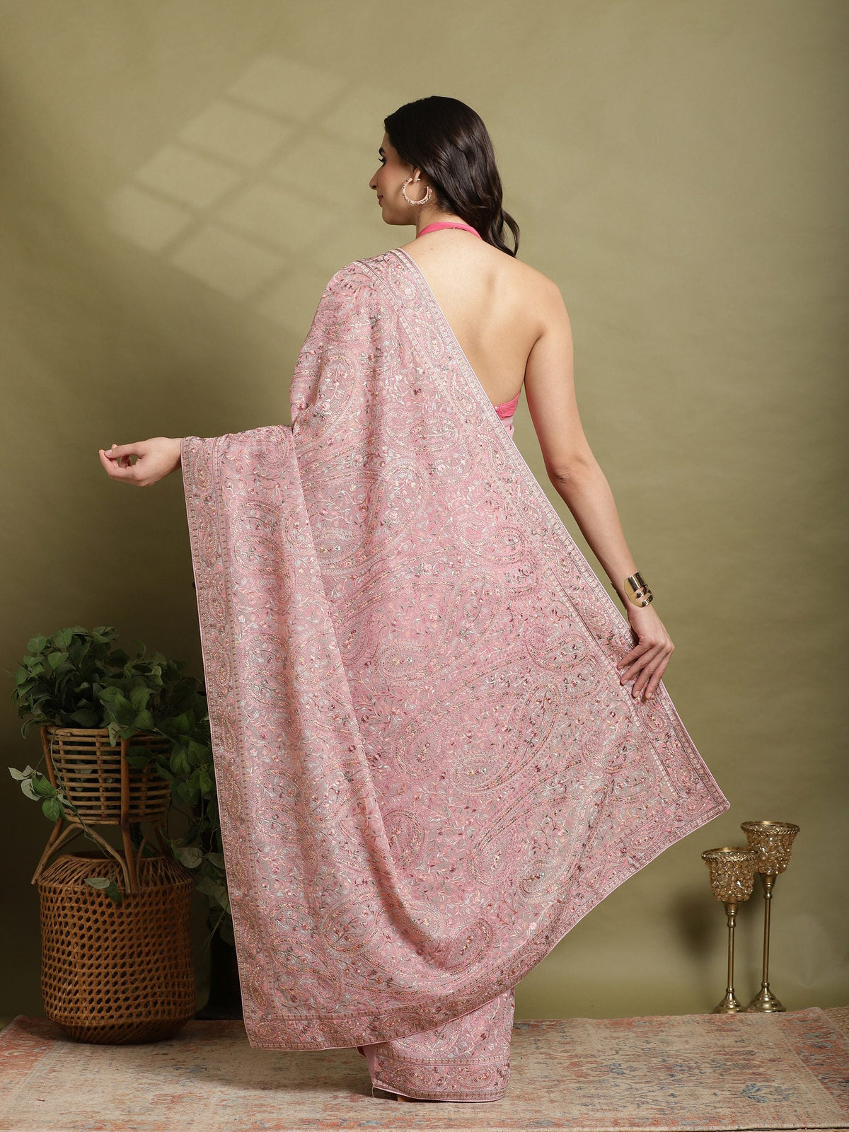 Pink Lavender Embroidered Georgette Saree