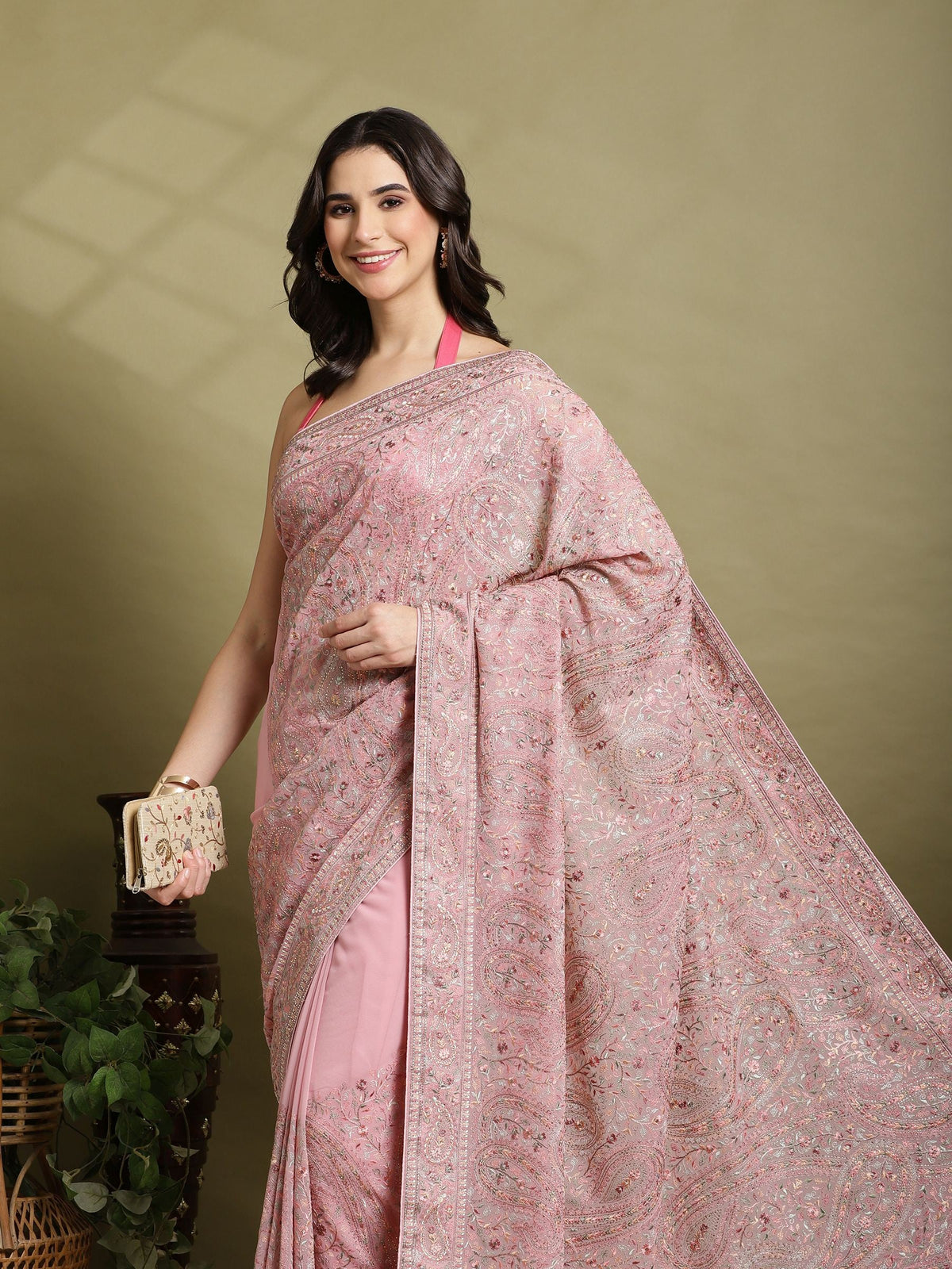 Pink Lavender Embroidered Georgette Saree