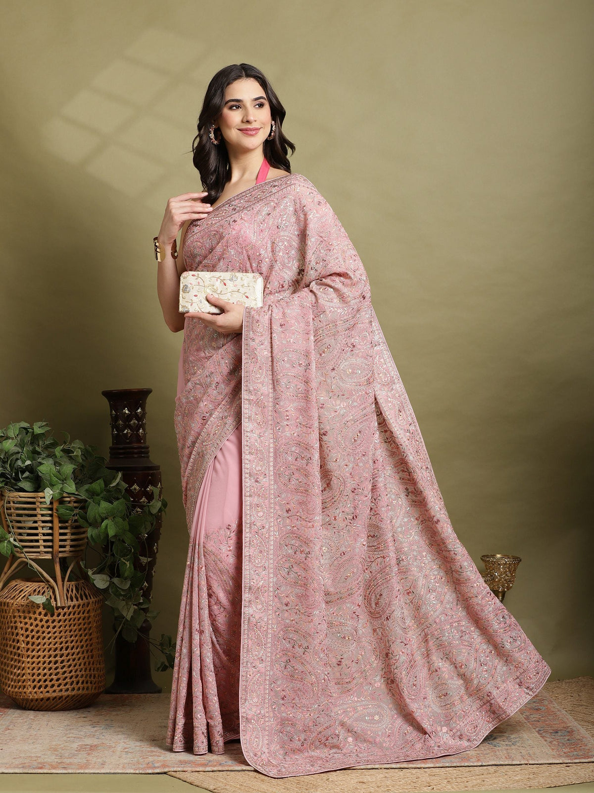 Pink Lavender Embroidered Georgette Saree