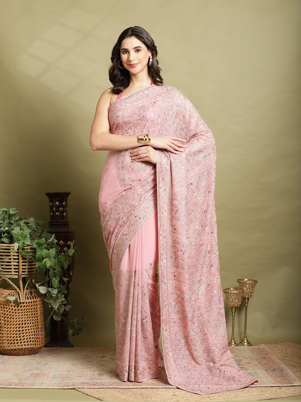Pink Embroidered Georgette Saree
