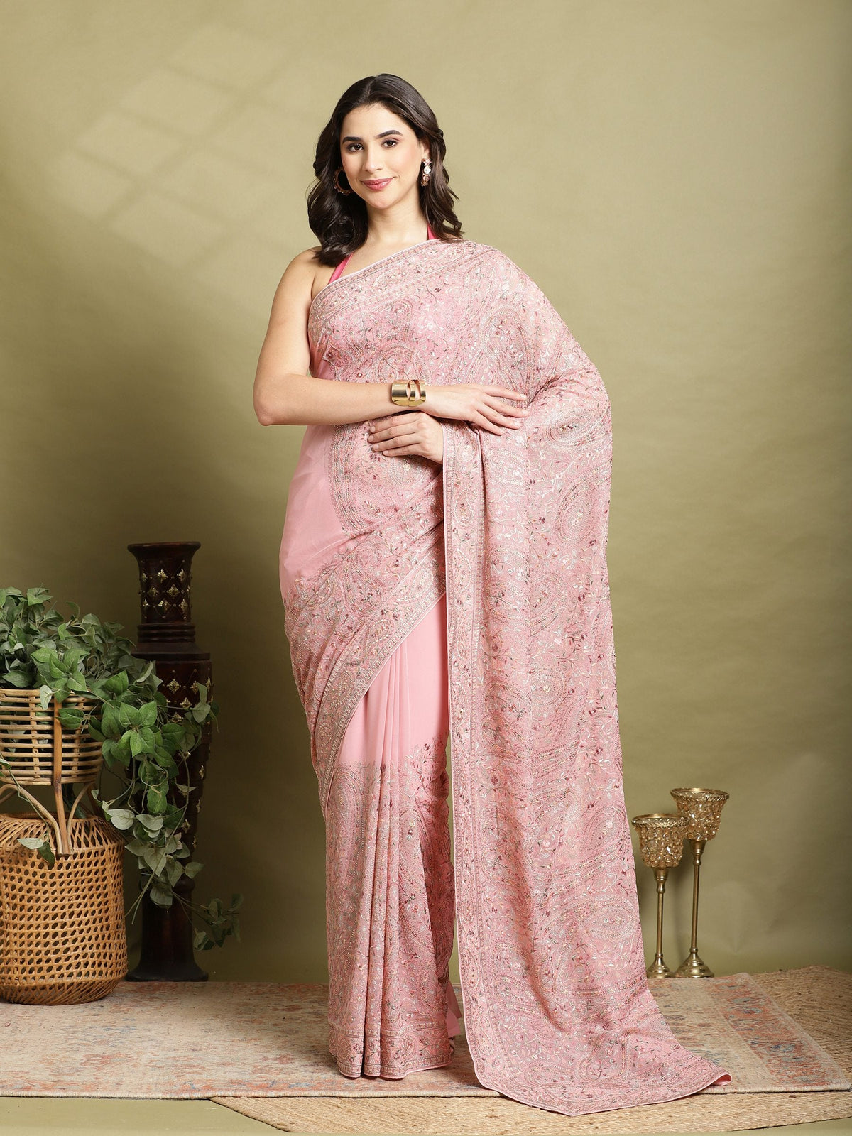 Pink Embroidered Georgette Saree