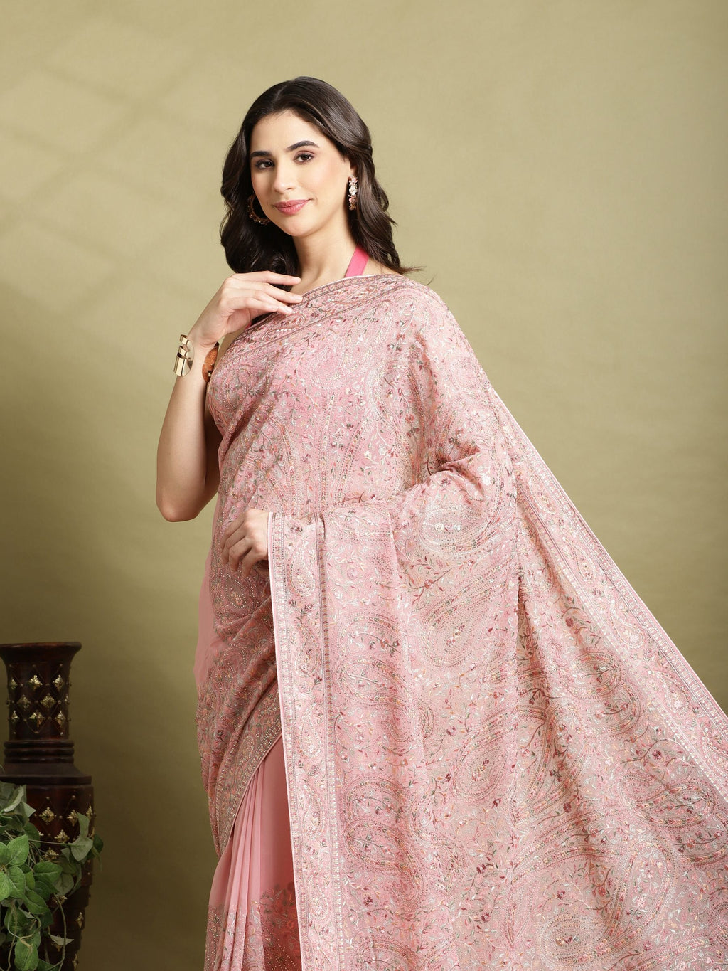Pink Embroidered Georgette Saree