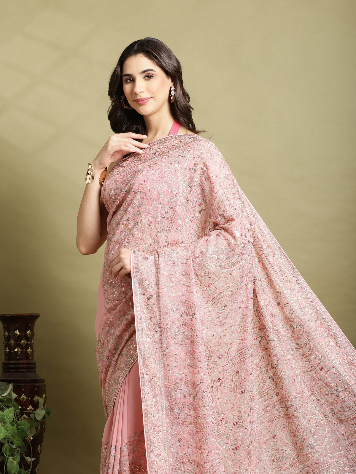 Pink Embroidered Georgette Saree