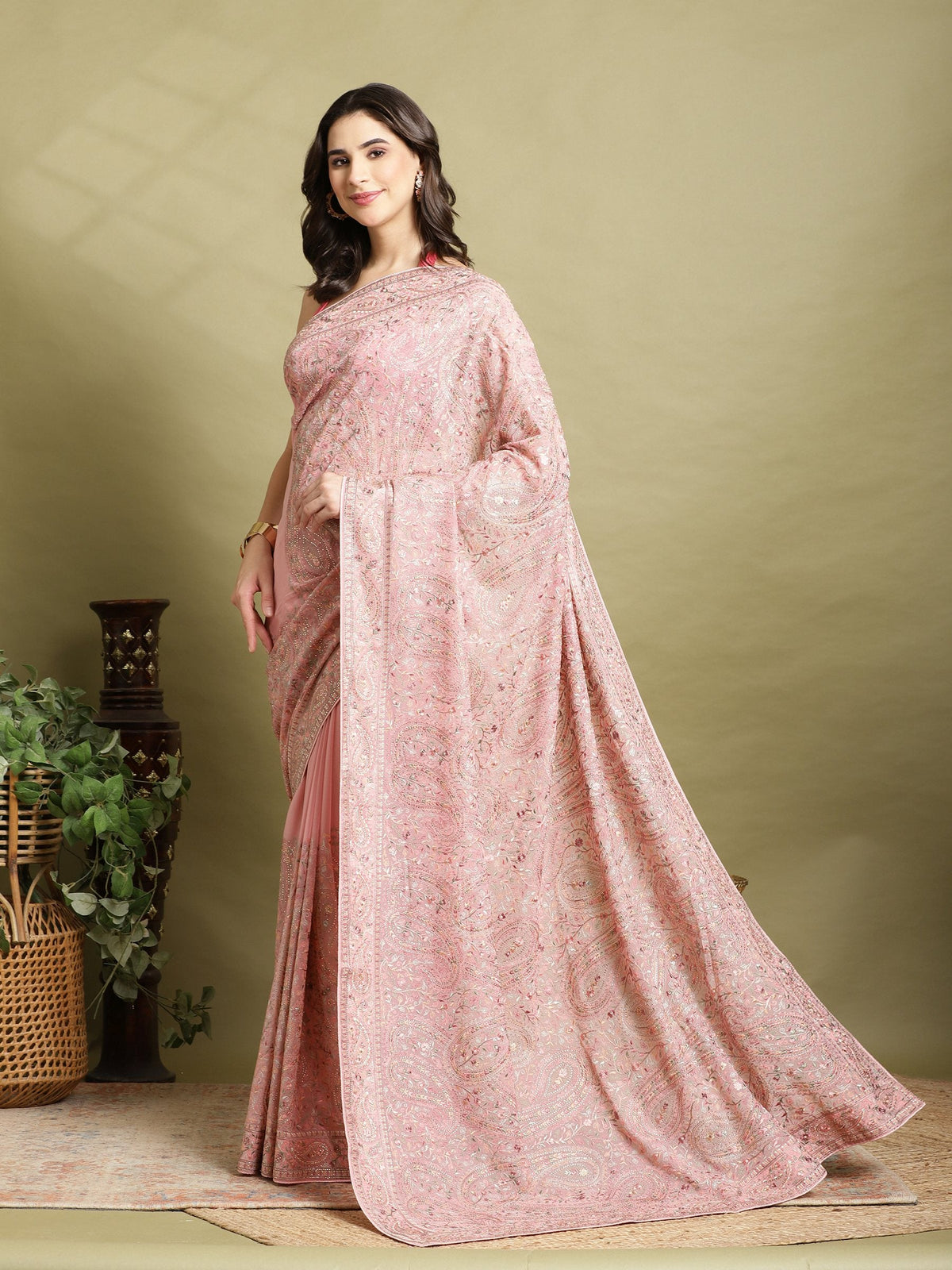 Pink Embroidered Georgette Saree