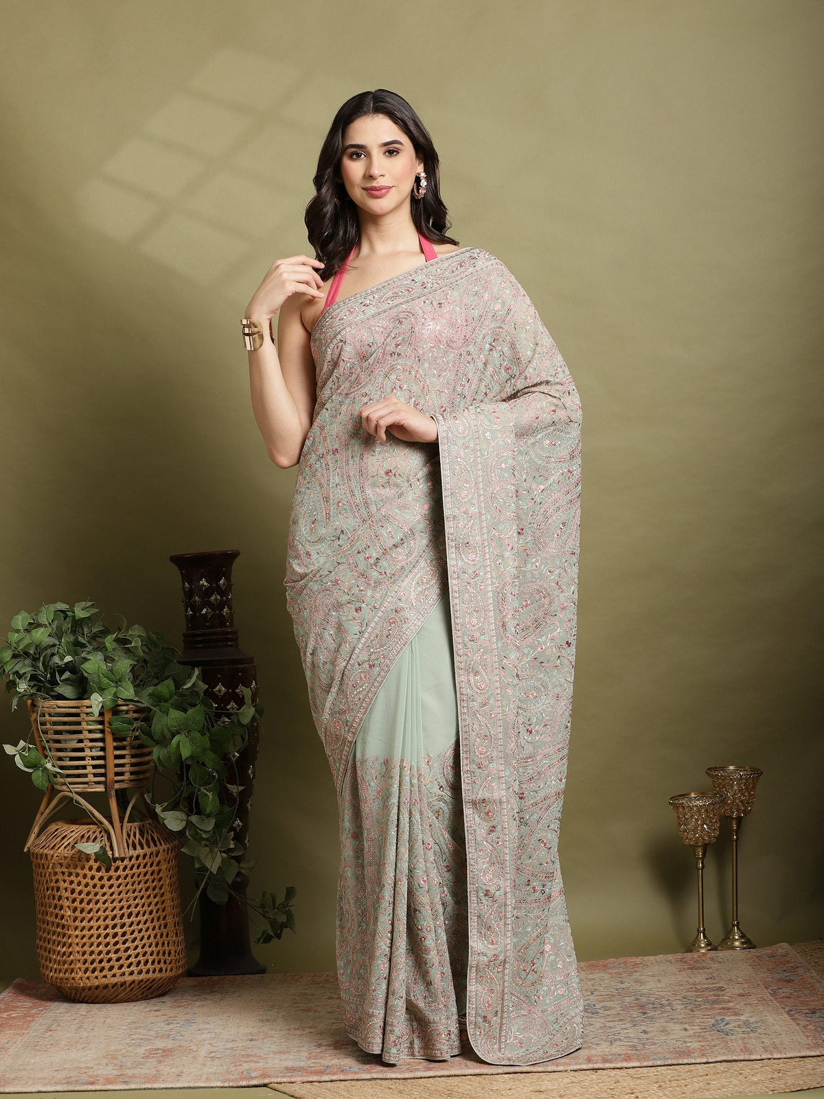 Sea Green Embroidered Georgette Saree