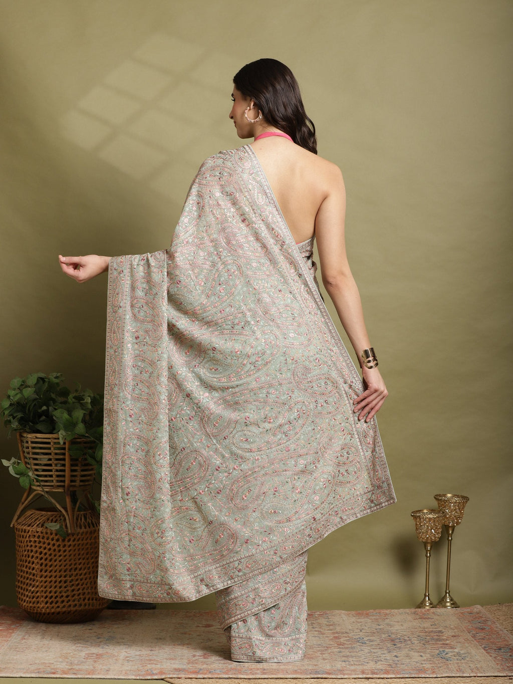 Sea Green Embroidered Georgette Saree