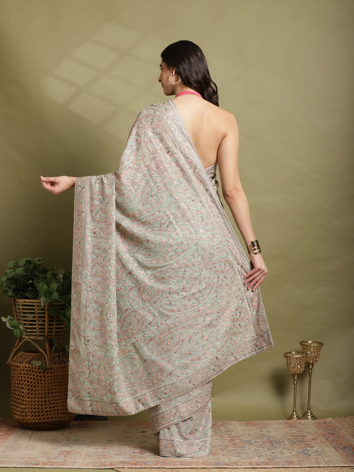 Sea Green Embroidered Georgette Saree