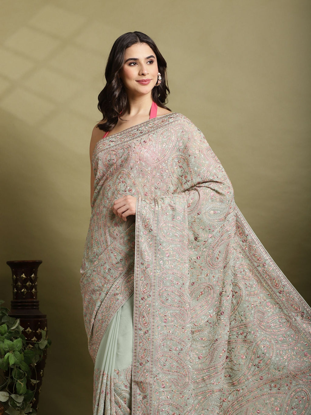 Sea Green Embroidered Georgette Saree
