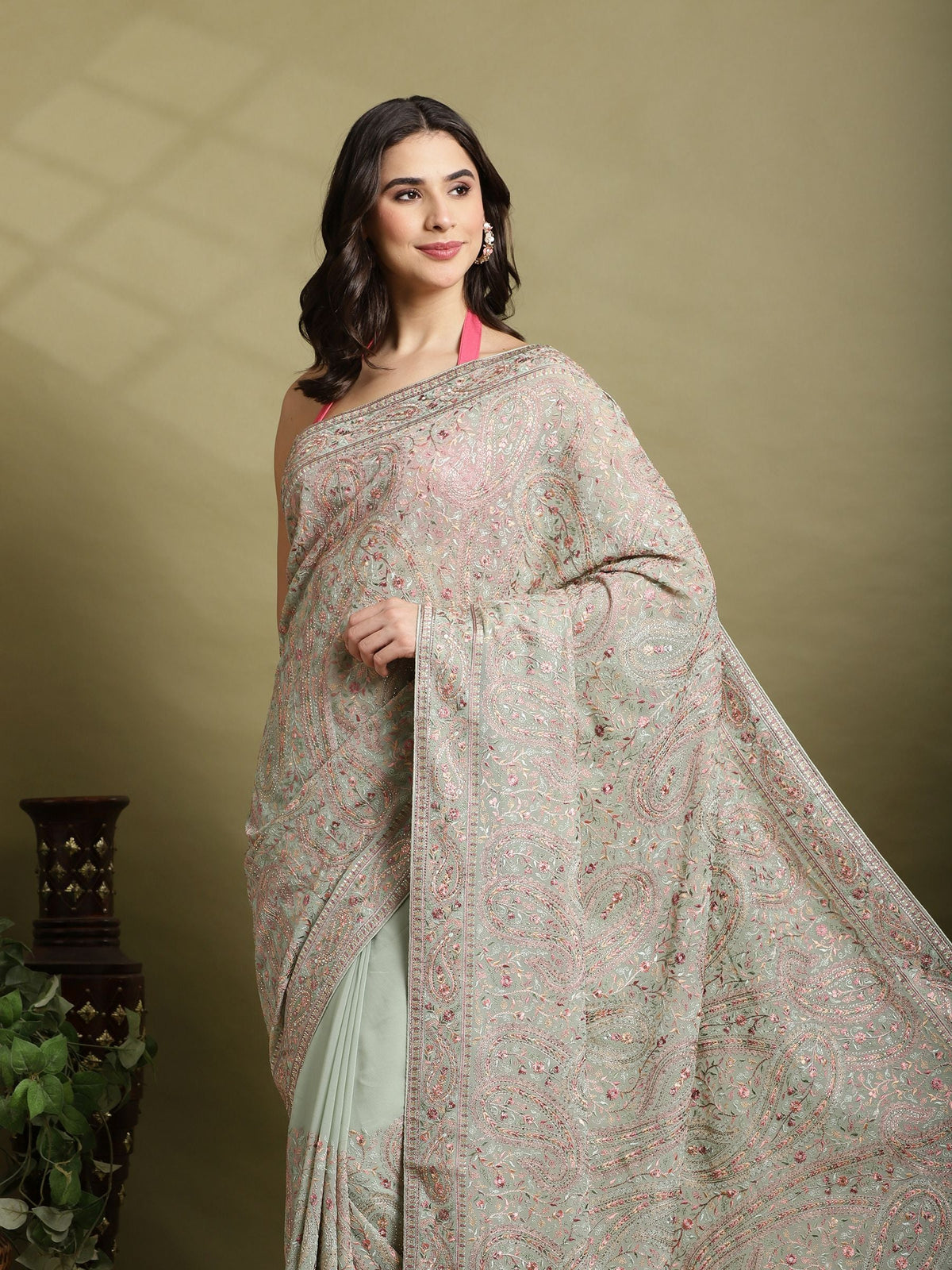 Sea Green Embroidered Georgette Saree