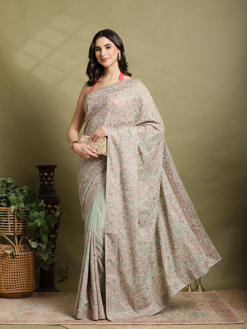 Sea Green Embroidered Georgette Saree