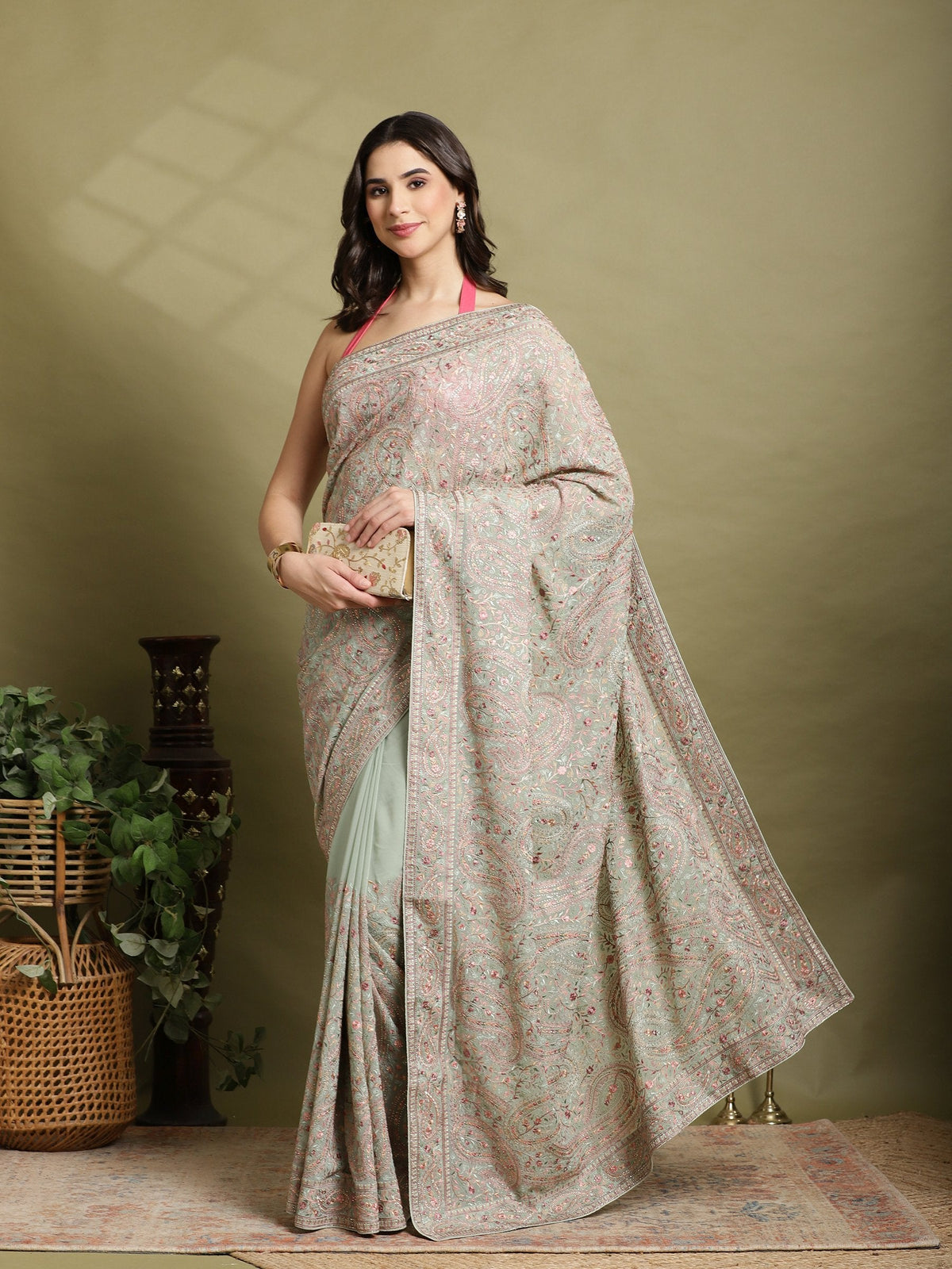 Sea Green Embroidered Georgette Saree