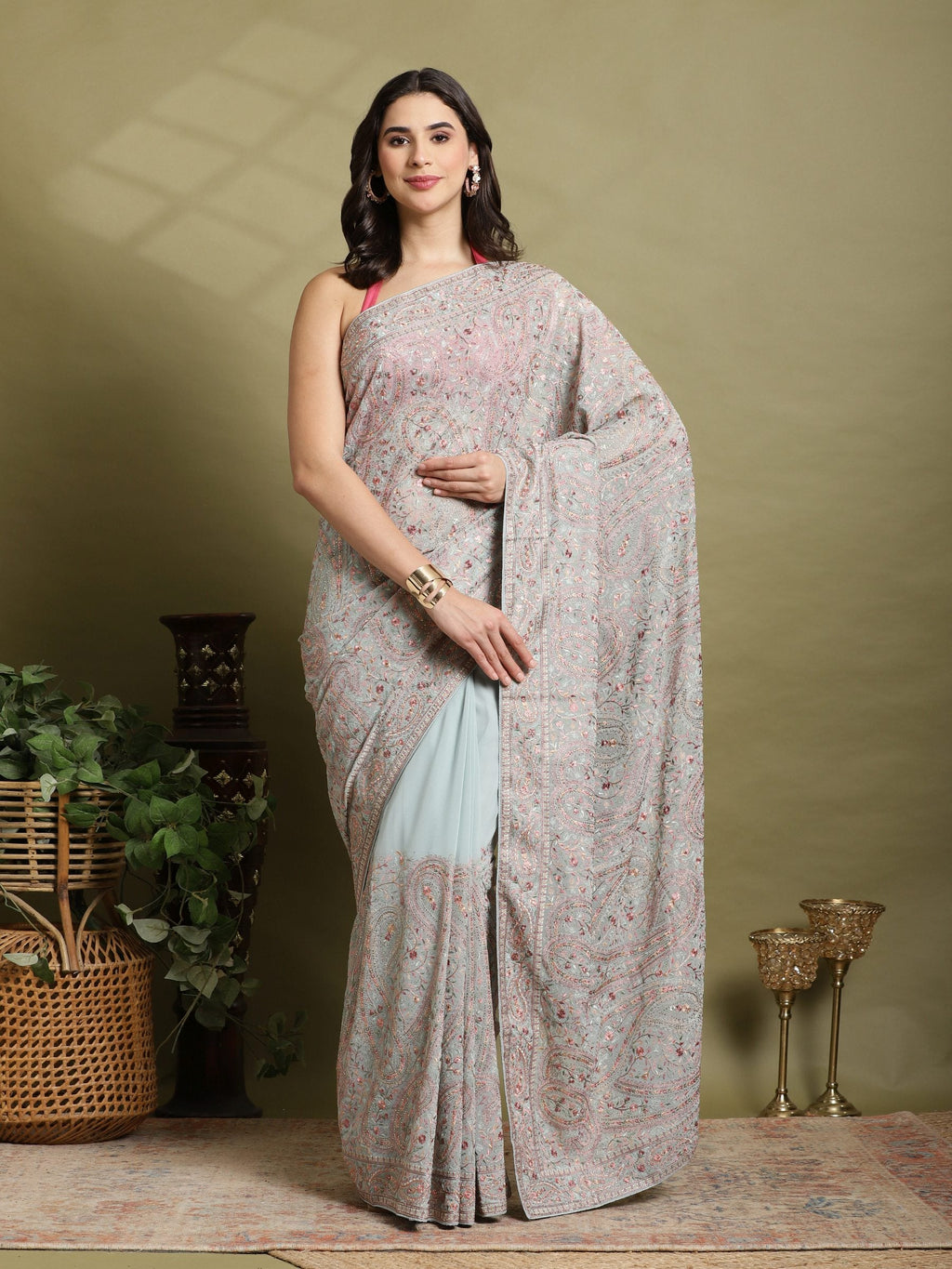 Sky Blue Embroidered Georgette Saree