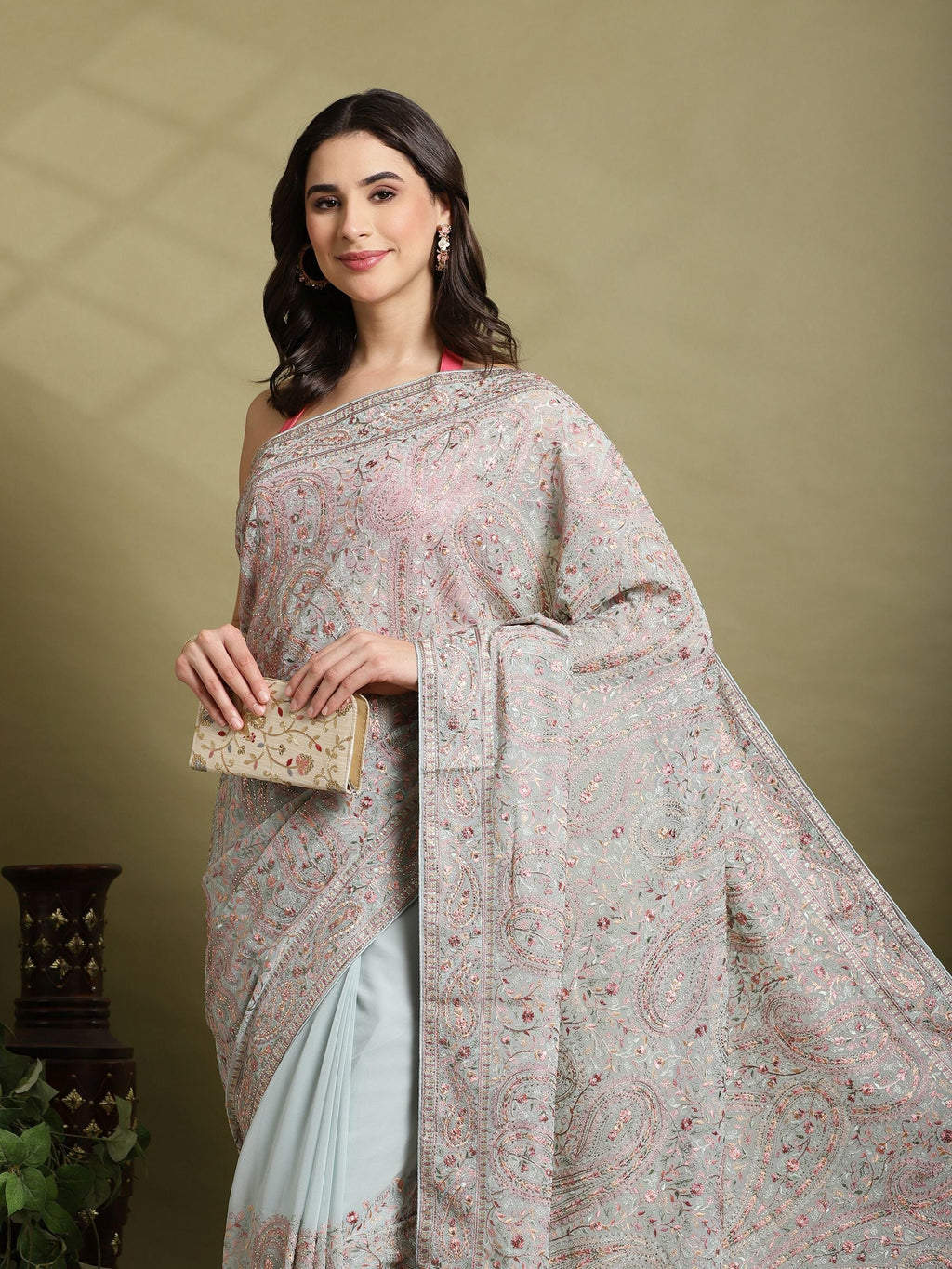 Sky Blue Embroidered Georgette Saree