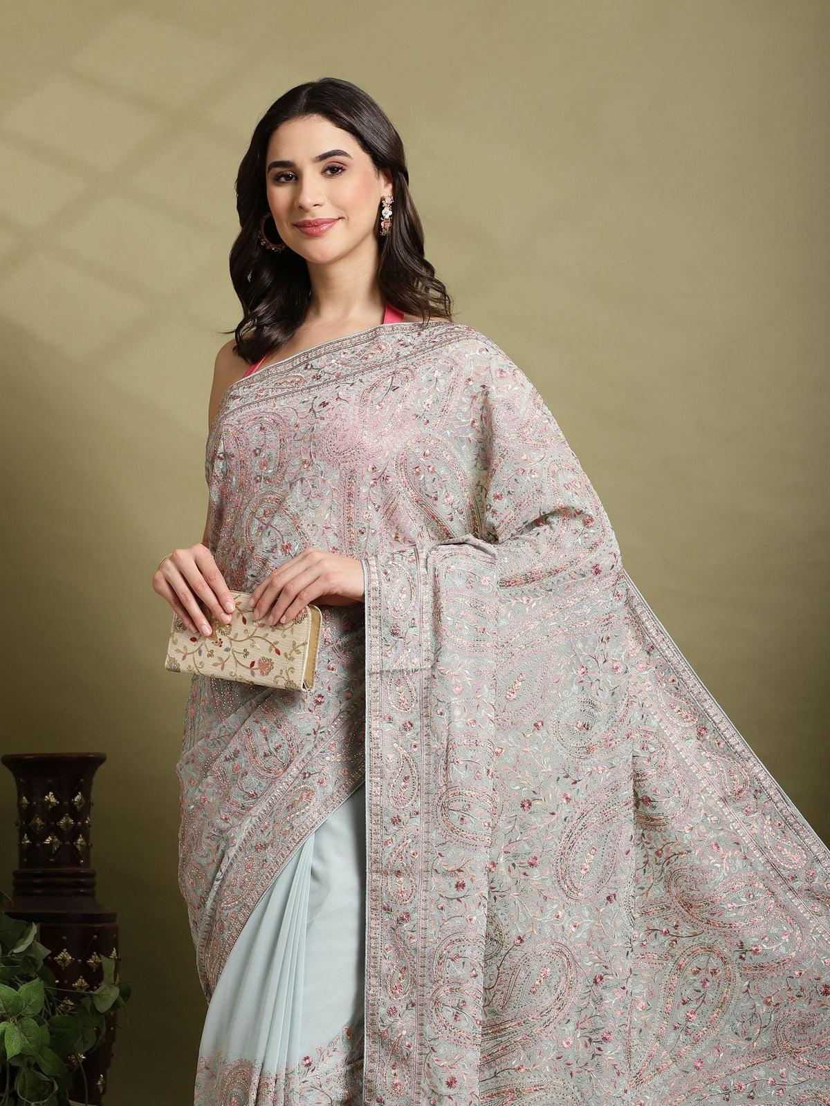 Sky Blue Embroidered Georgette Saree
