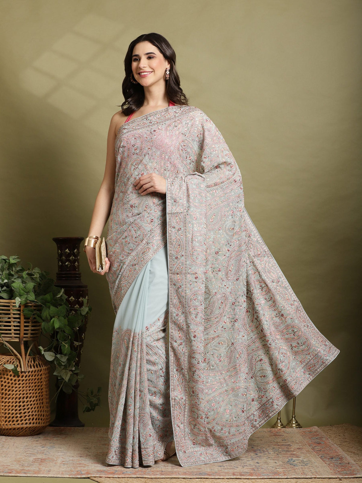 Sky Blue Embroidered Georgette Saree