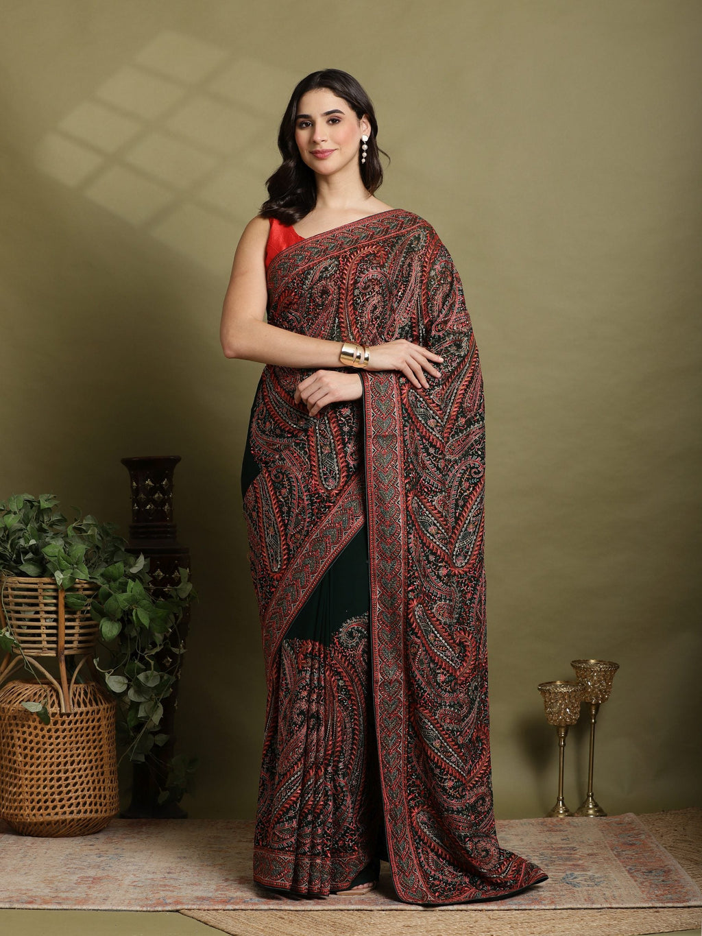 Bottle Green Embroidered Georgette Saree
