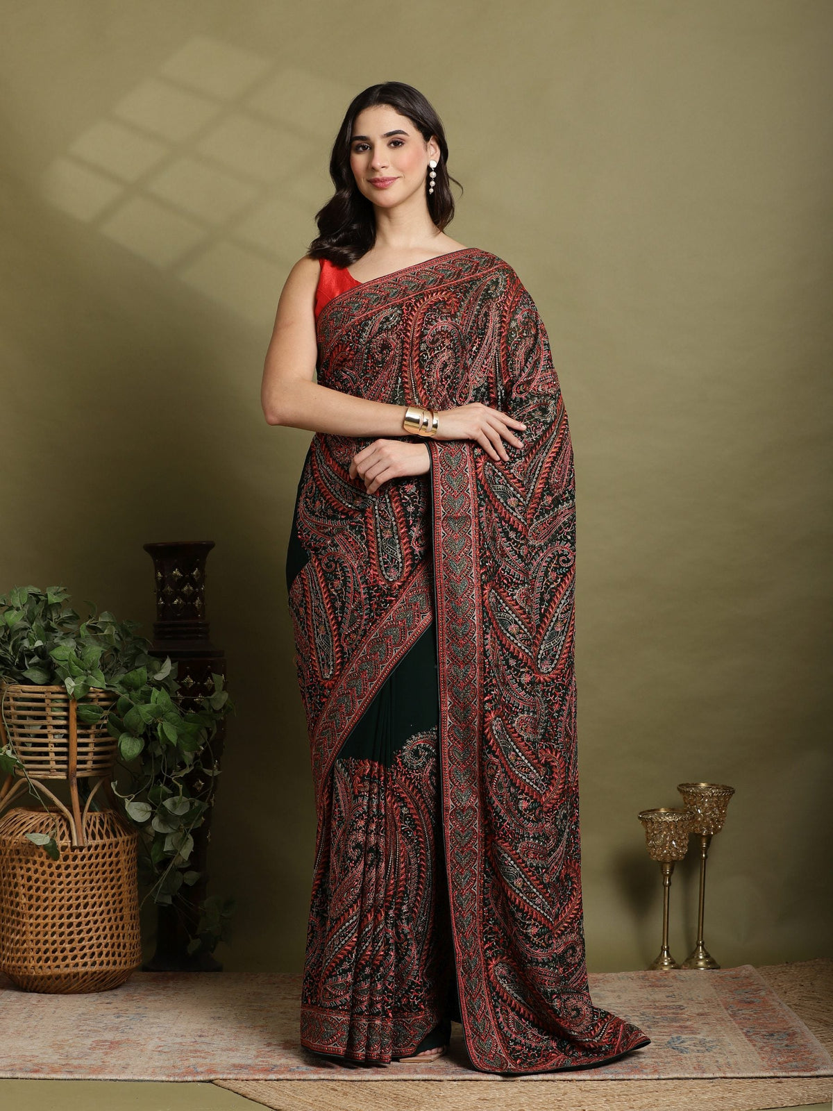 Bottle Green Embroidered Georgette Saree