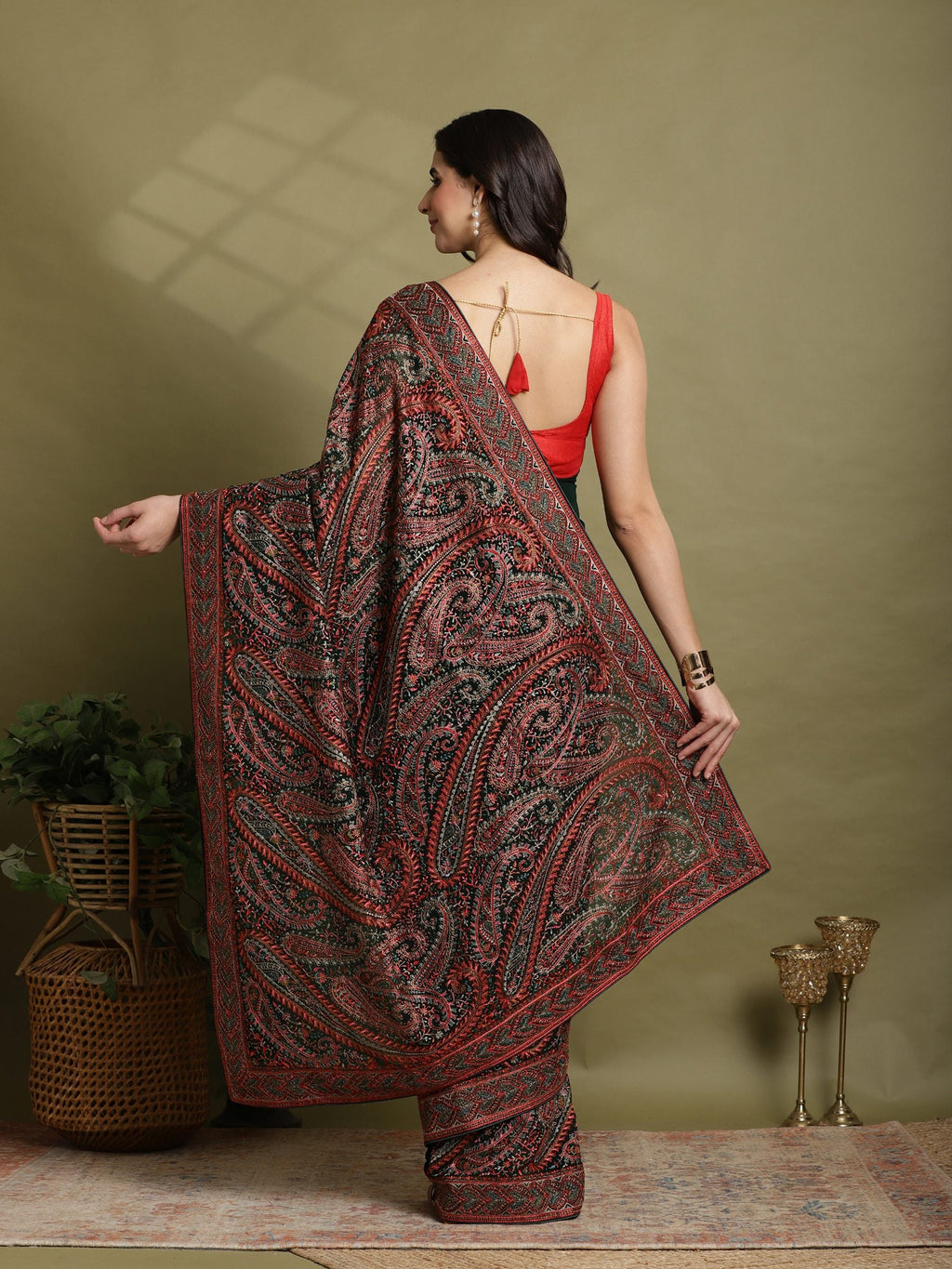 Bottle Green Embroidered Georgette Saree