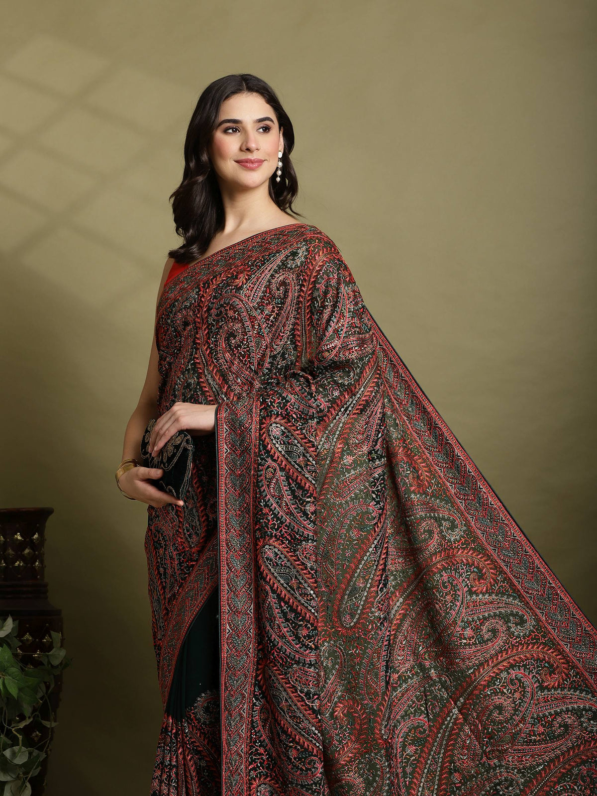 Bottle Green Embroidered Georgette Saree