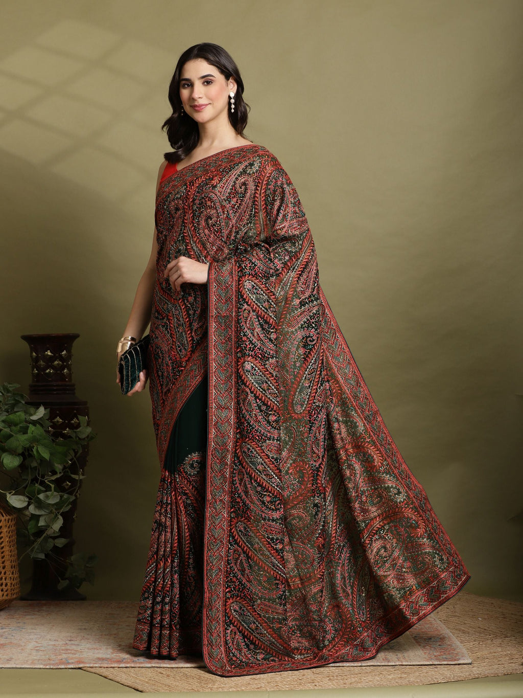 Bottle Green Embroidered Georgette Saree