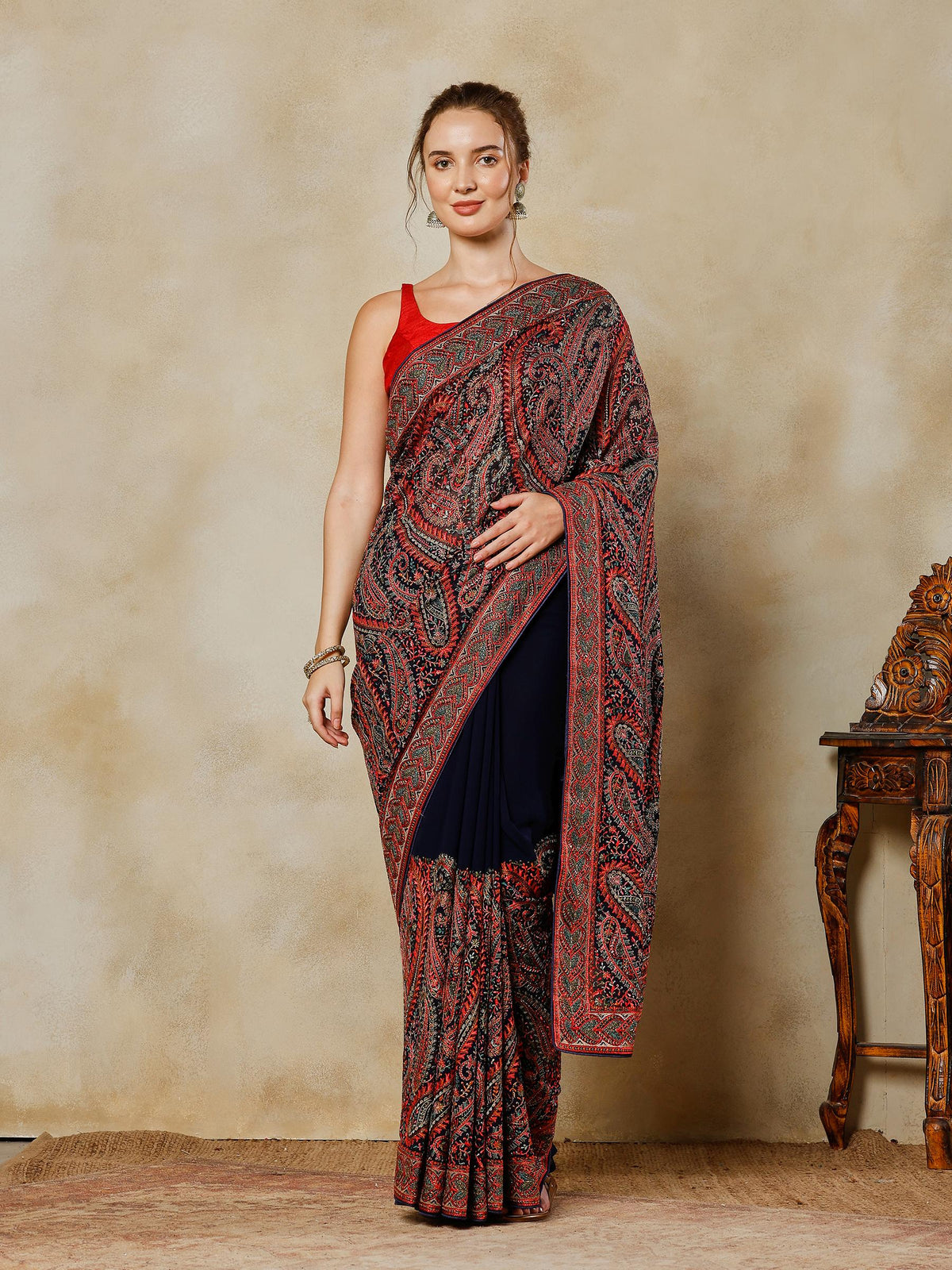 Navy Blue Embroidered Georgette Saree