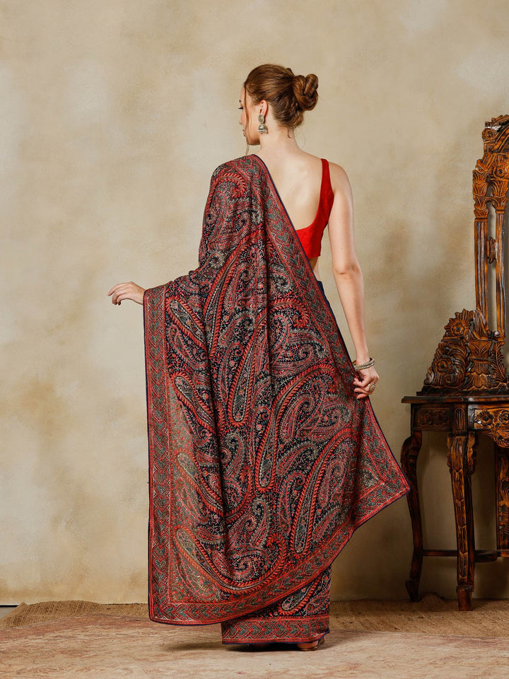 Navy Blue Embroidered Georgette Saree