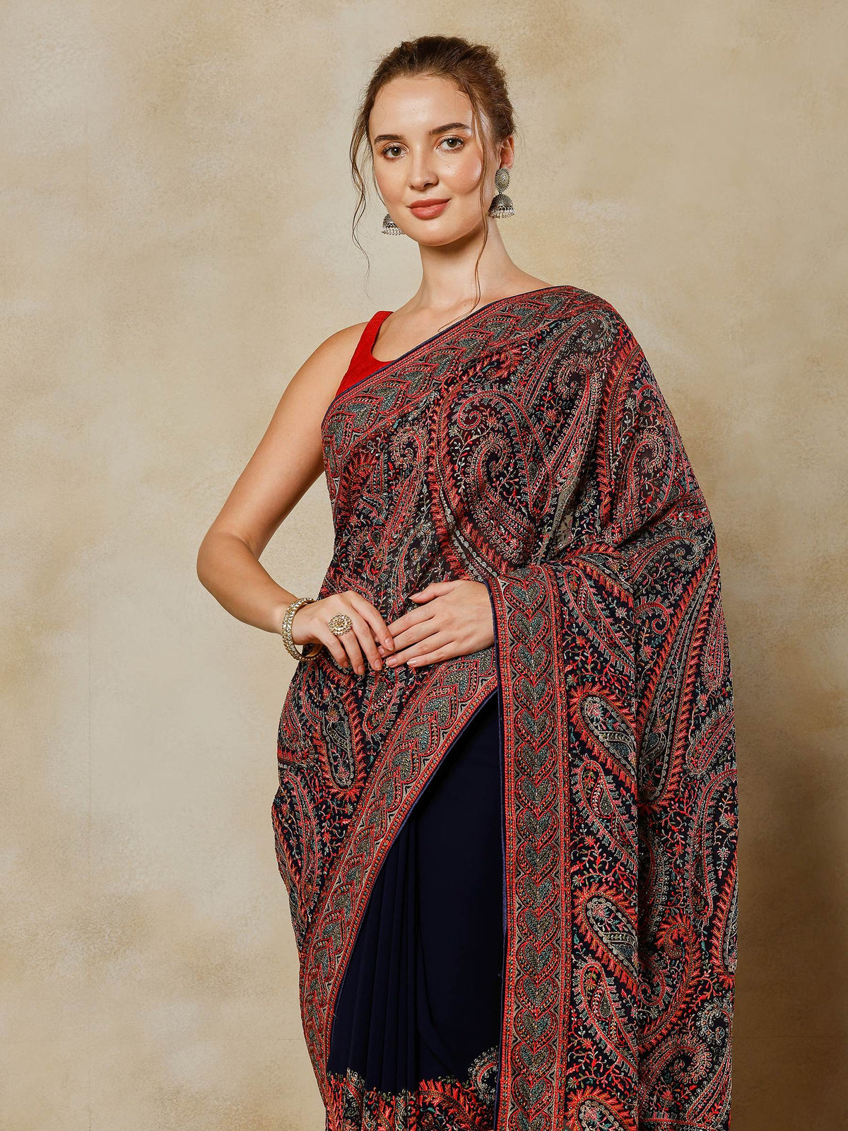 Navy Blue Embroidered Georgette Saree