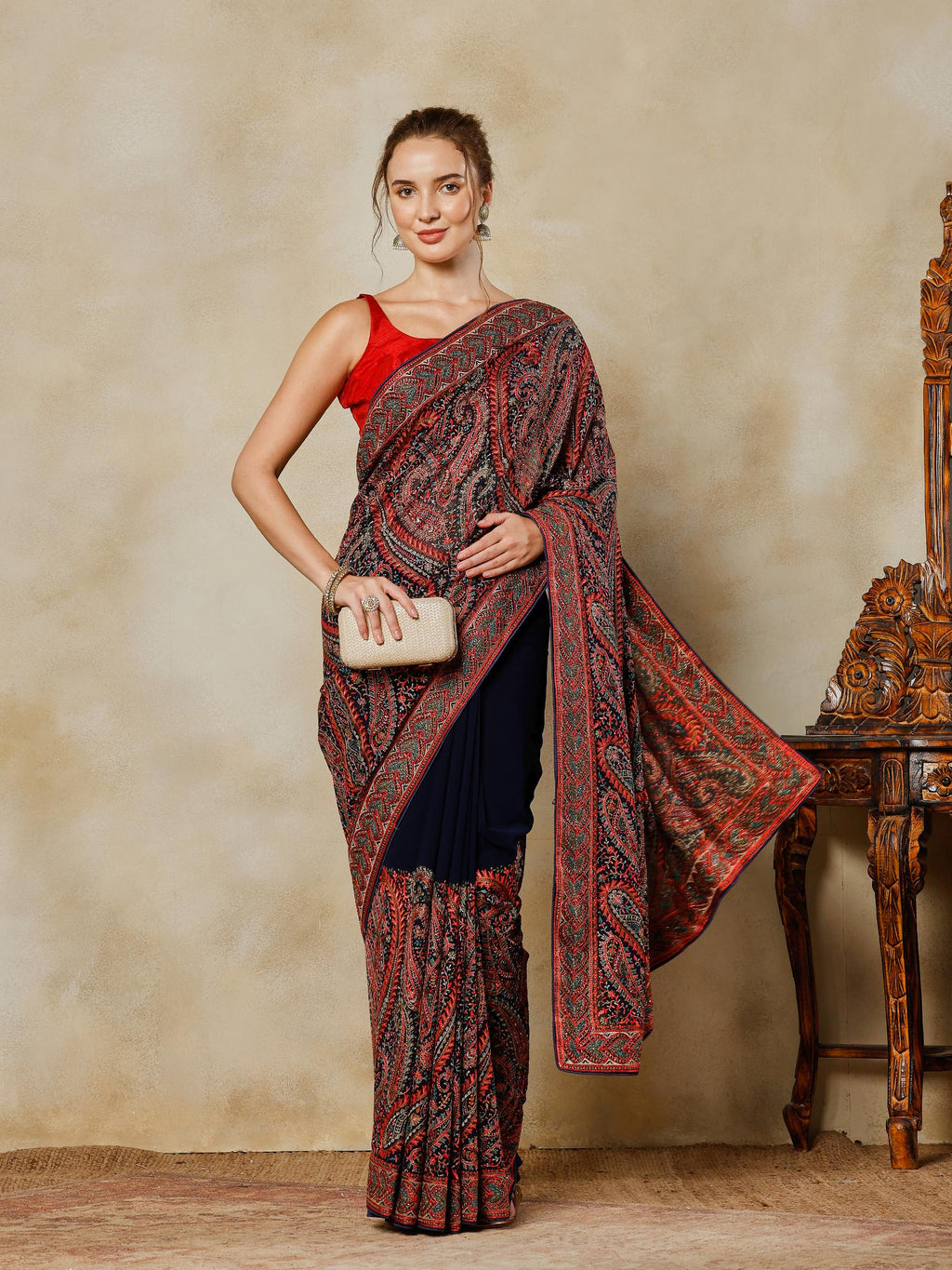 Navy Blue Embroidered Georgette Saree