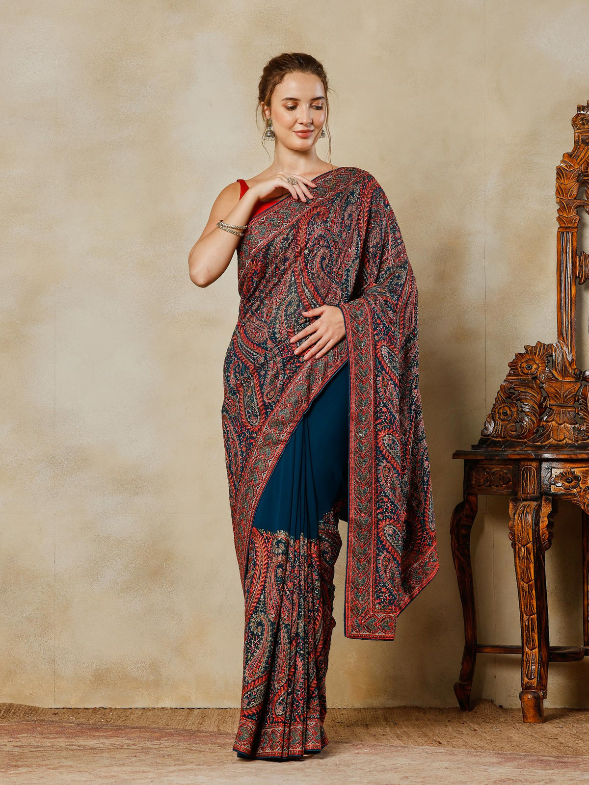 Teal Blue Embroidered Georgette Saree