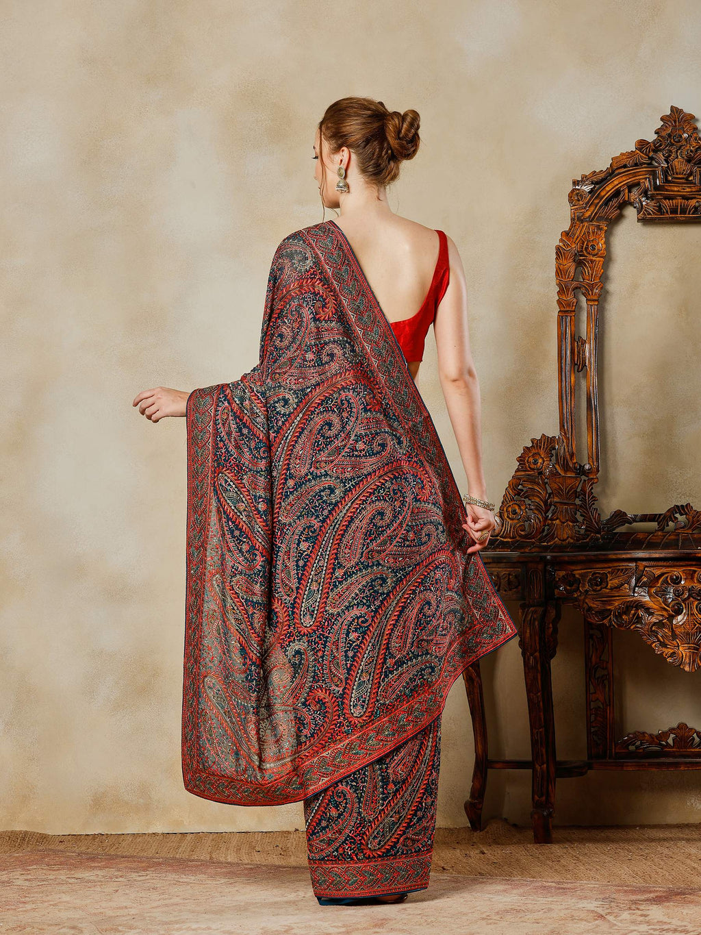 Teal Blue Embroidered Georgette Saree