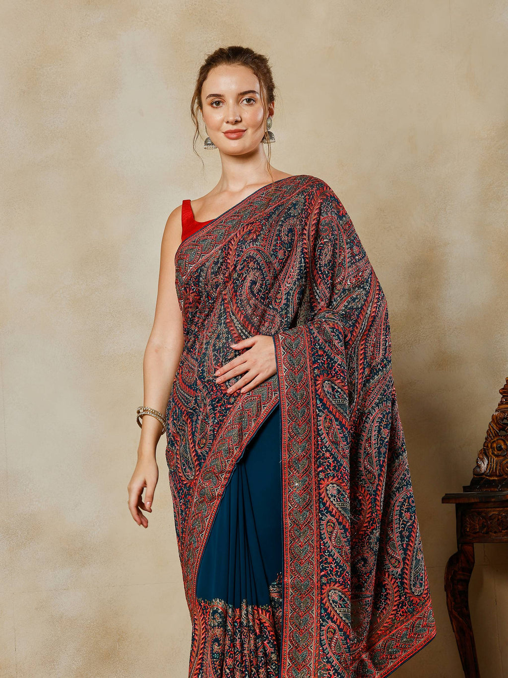 Teal Blue Embroidered Georgette Saree