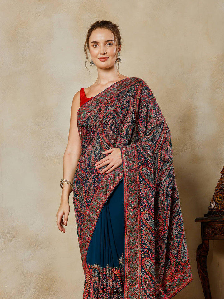 Teal Blue Embroidered Georgette Saree