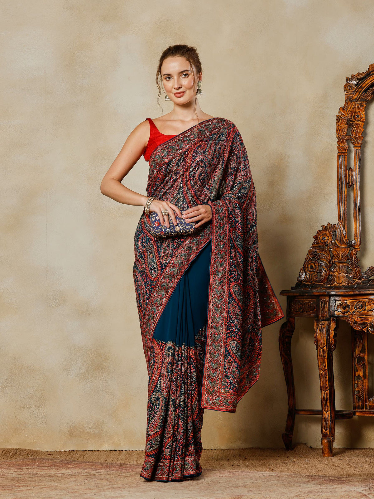 Teal Blue Embroidered Georgette Saree