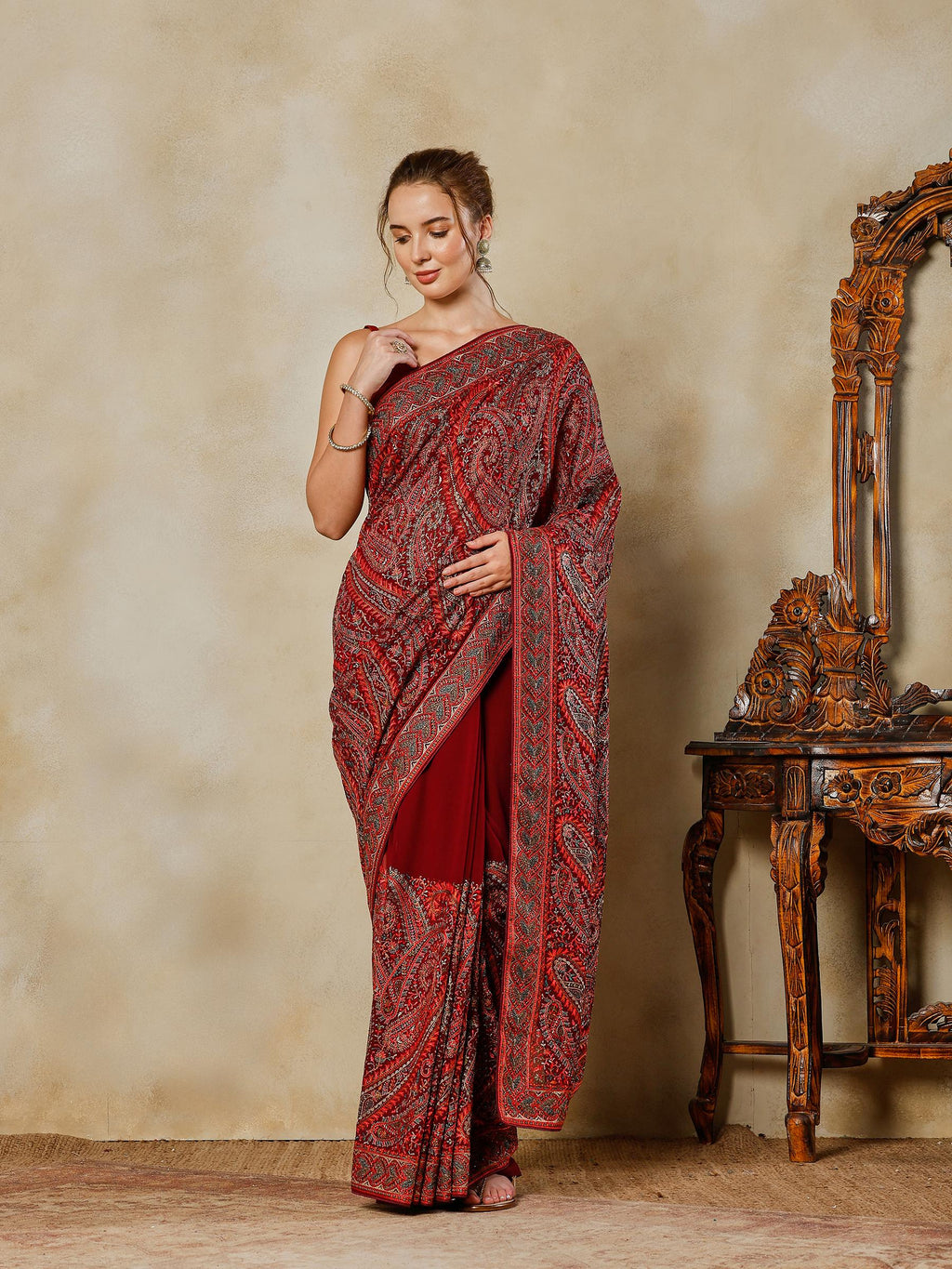 Wine Embroidered Georgette Saree