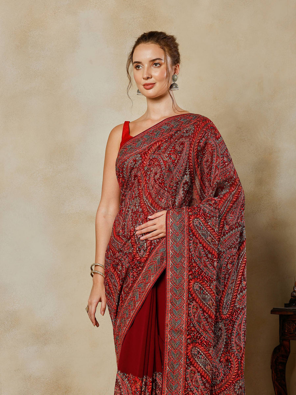 Wine Embroidered Georgette Saree