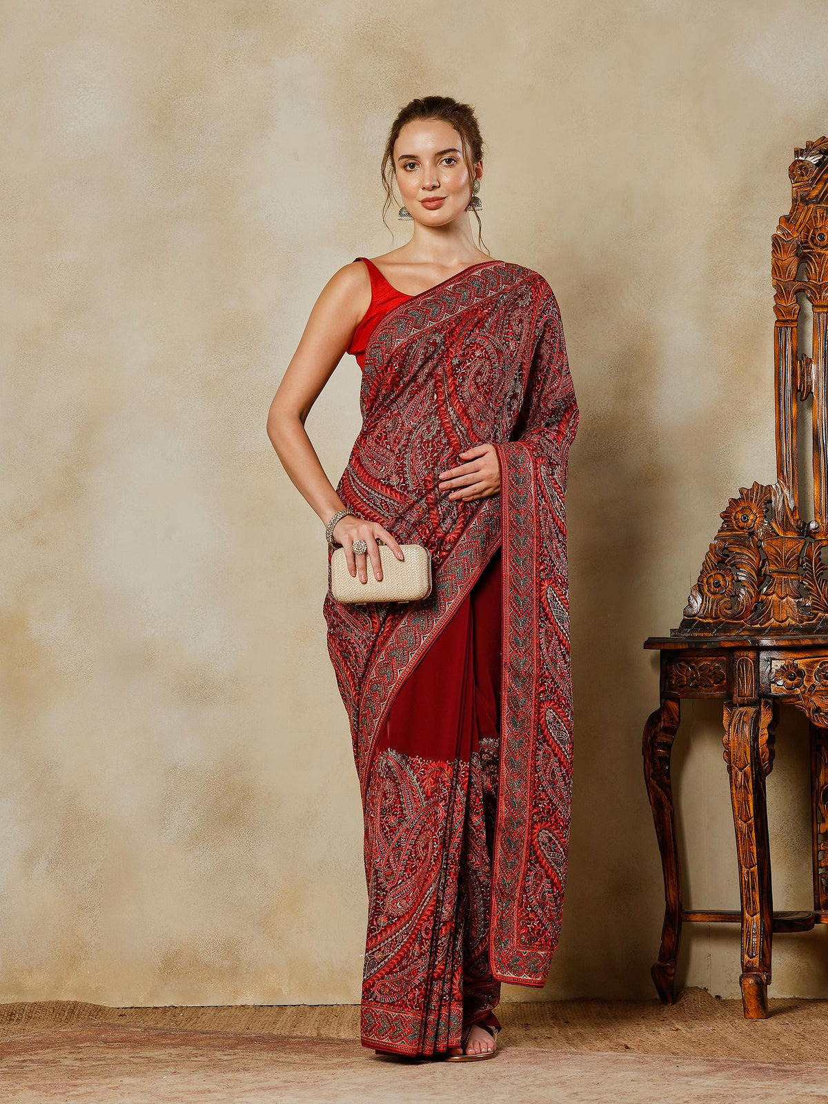 Wine Embroidered Georgette Saree