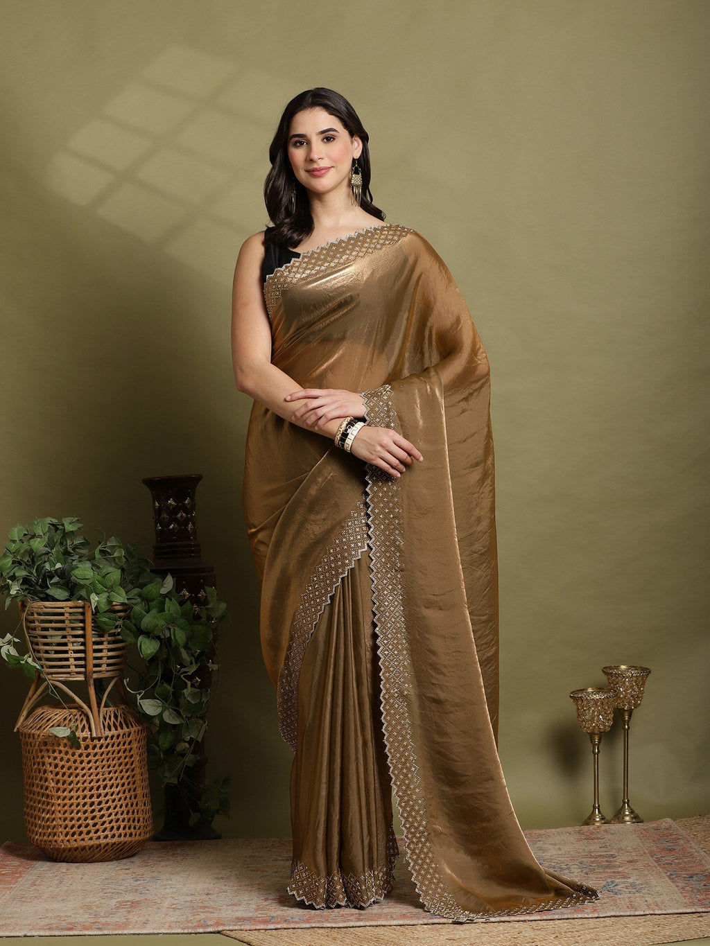 Brown Embroidered Tissue Saree