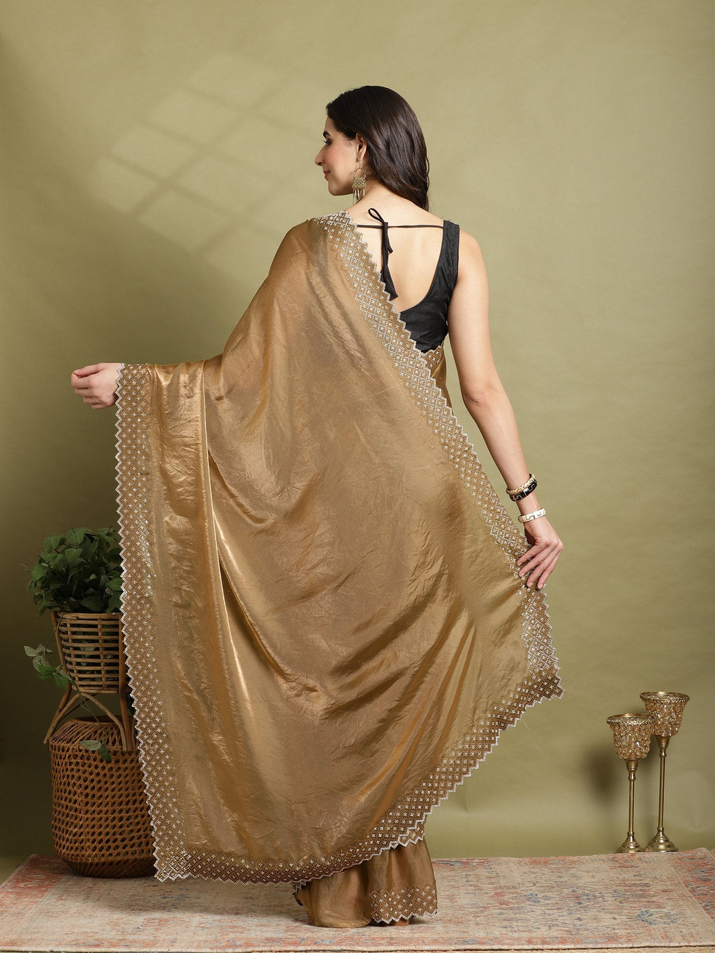 Brown Embroidered Tissue Saree