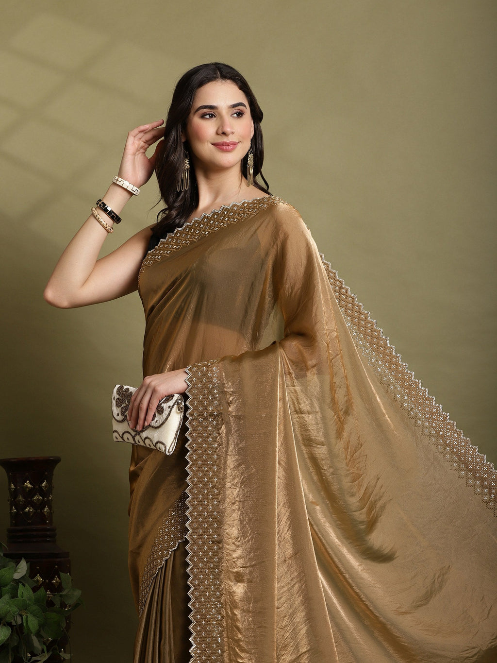 Brown Embroidered Tissue Saree