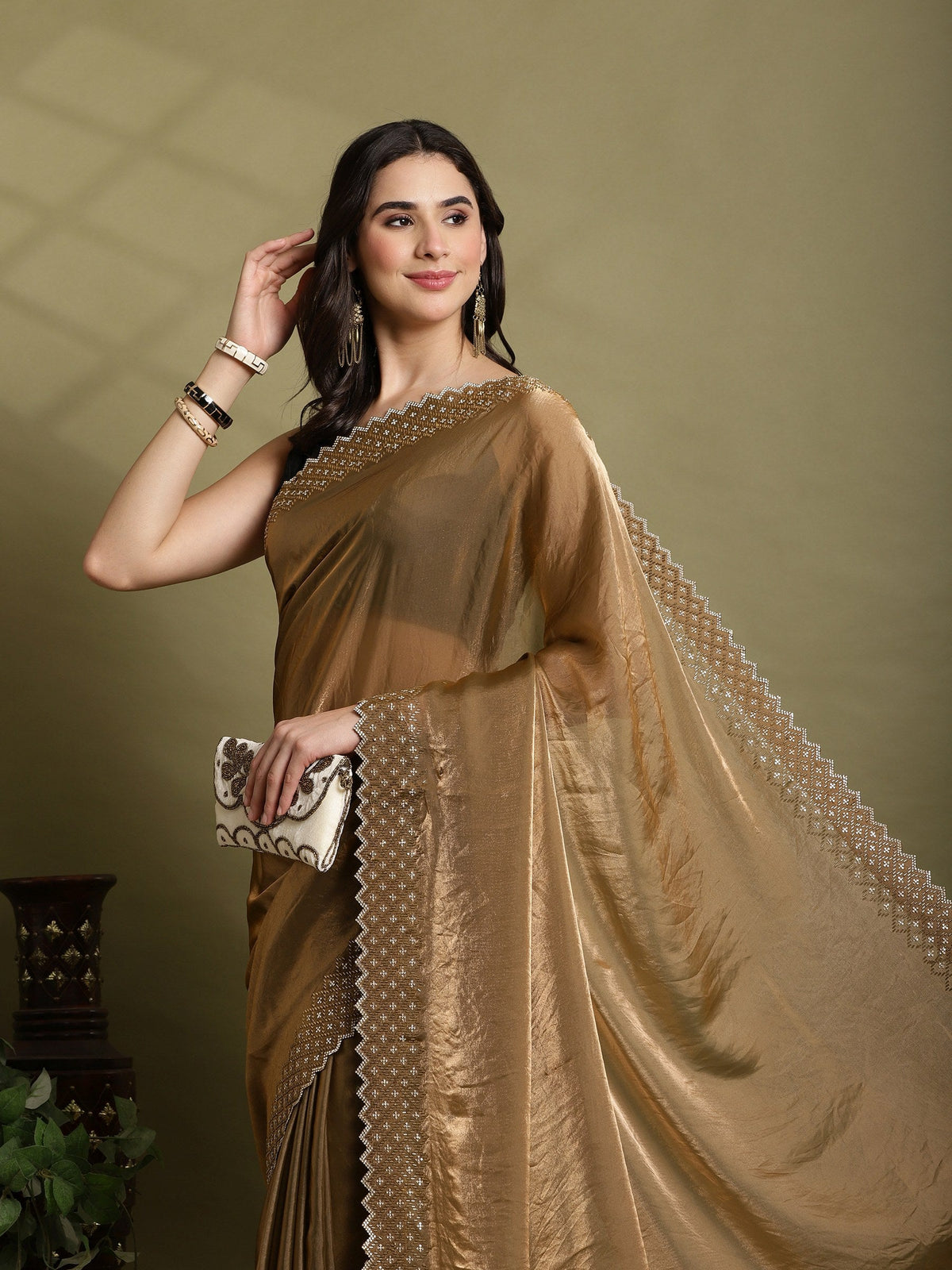 Brown Embroidered Tissue Saree