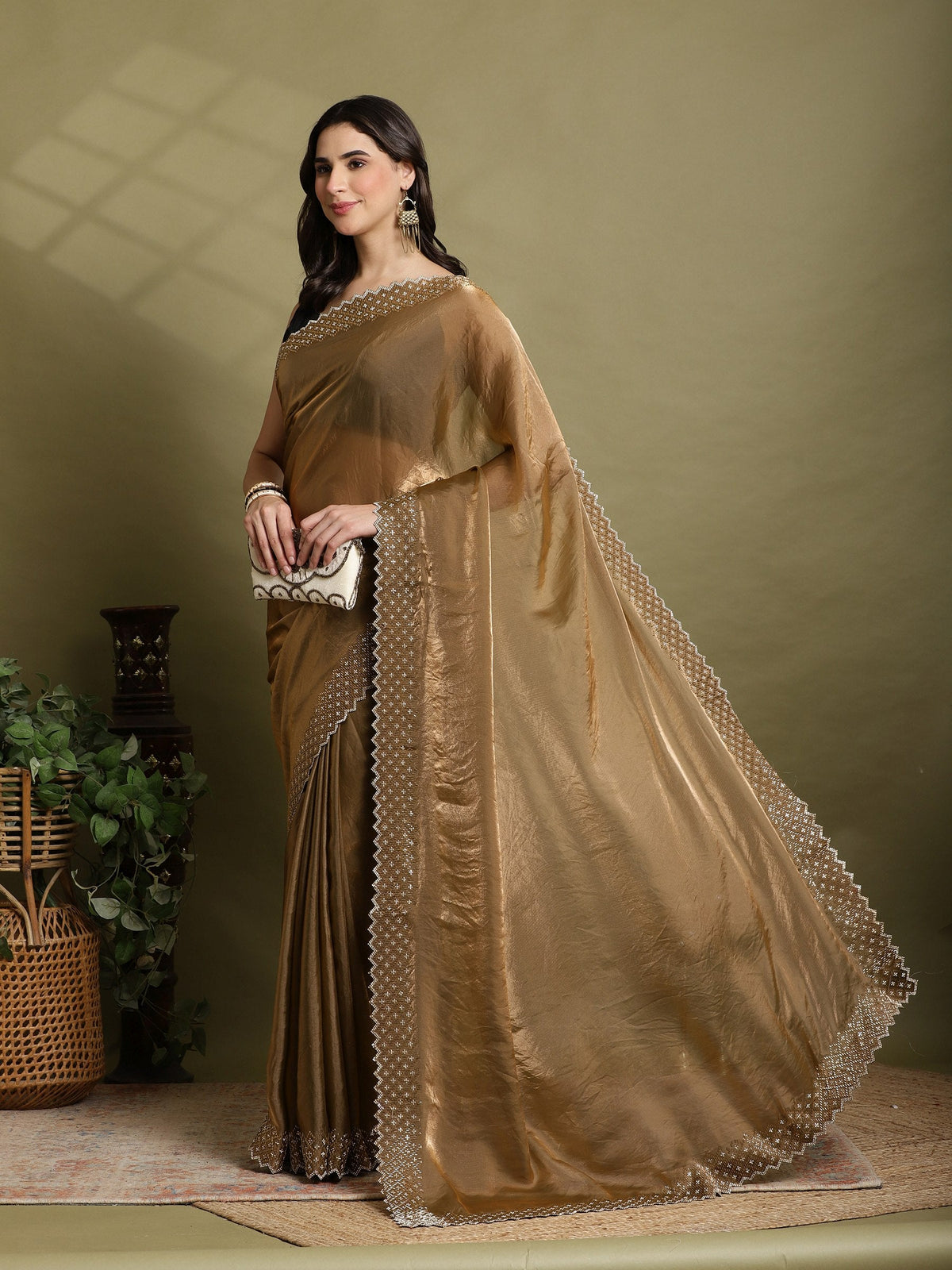 Brown Embroidered Tissue Saree