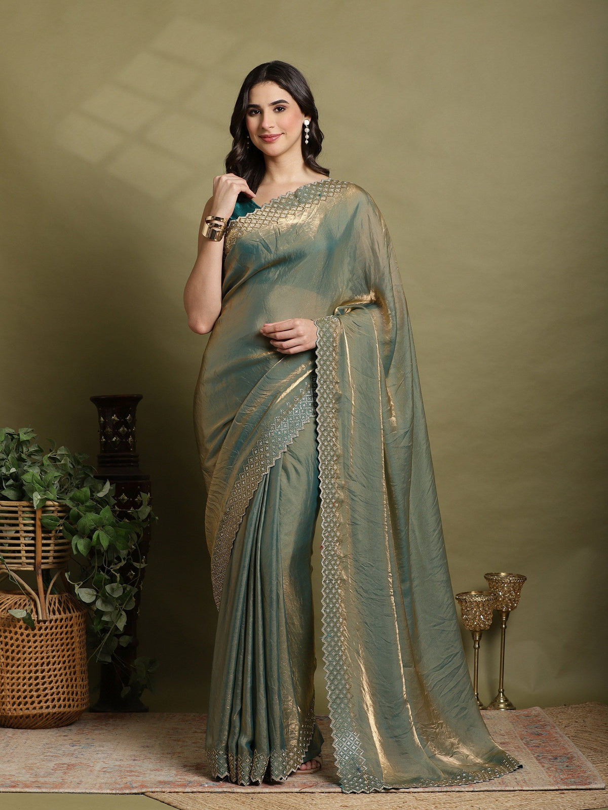 Green Embroidered Tissue Saree