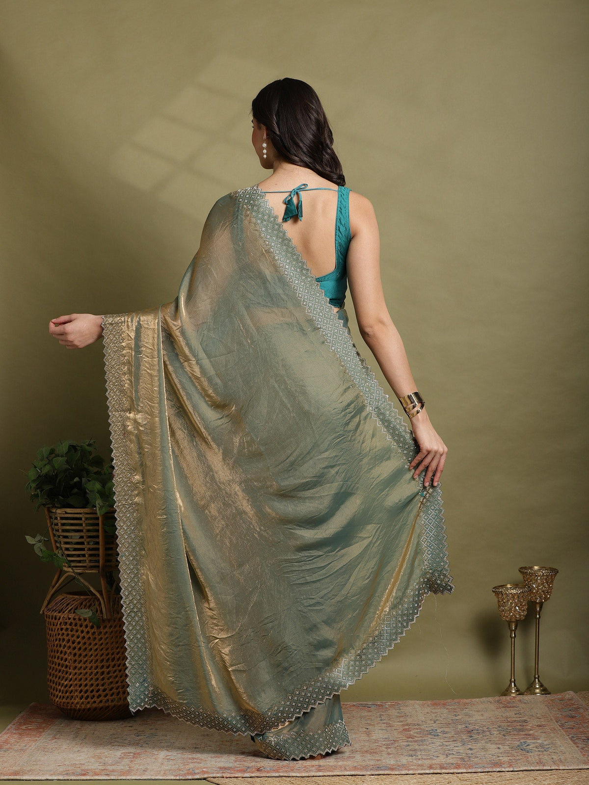 Green Embroidered Tissue Saree