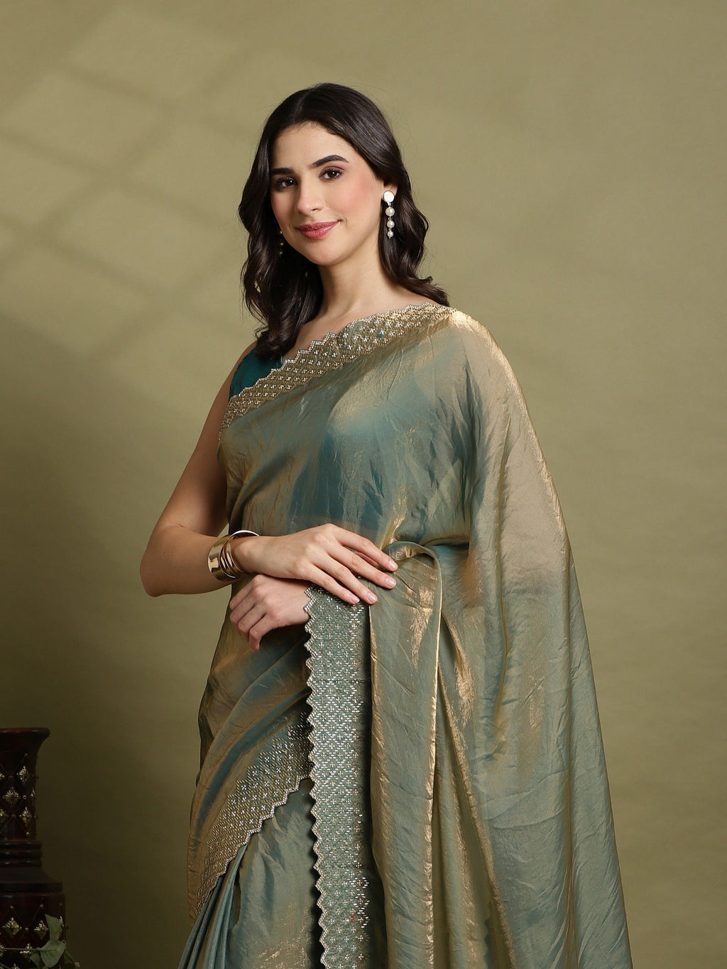 Green Embroidered Tissue Saree