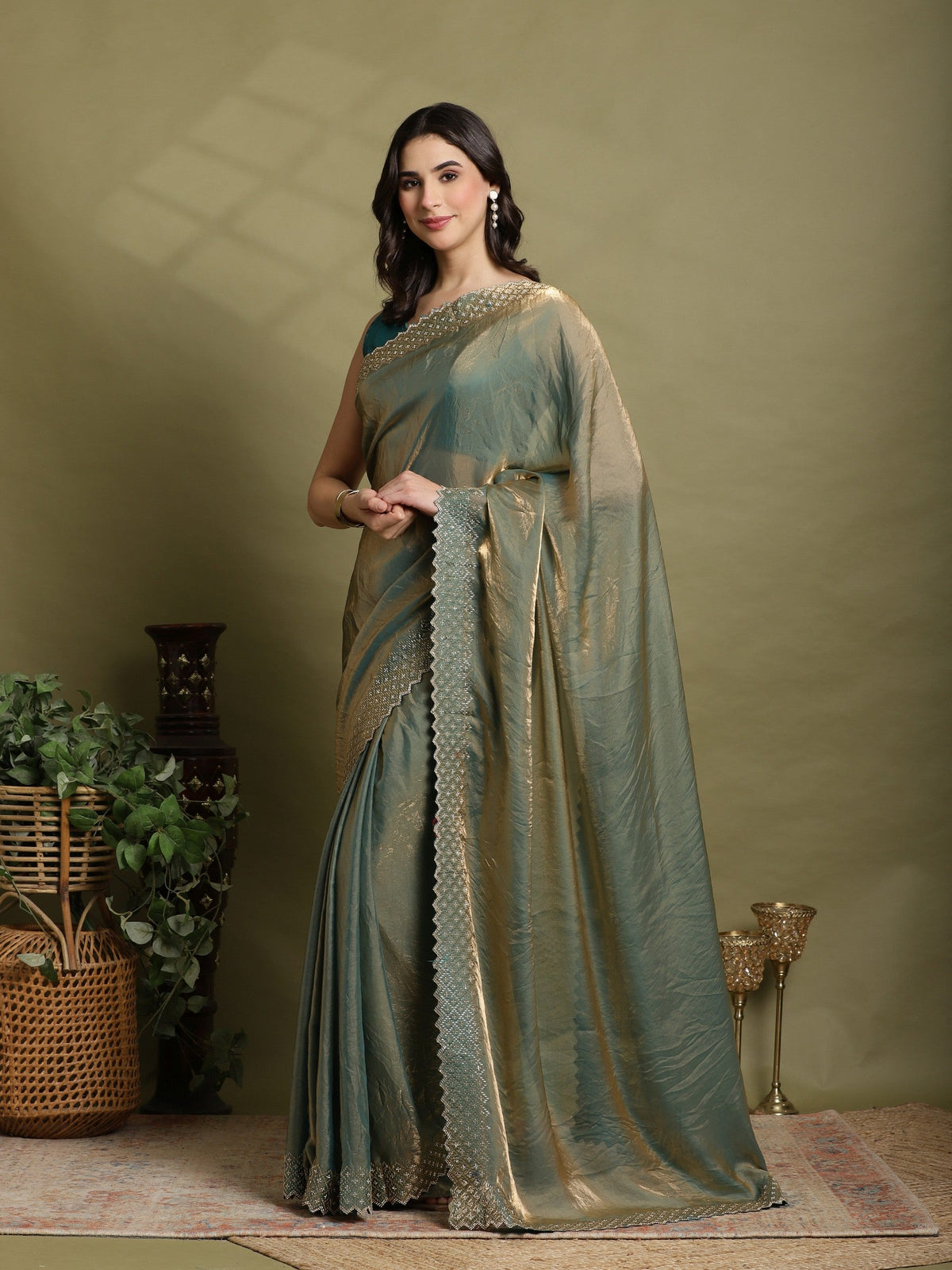 Green Embroidered Tissue Saree