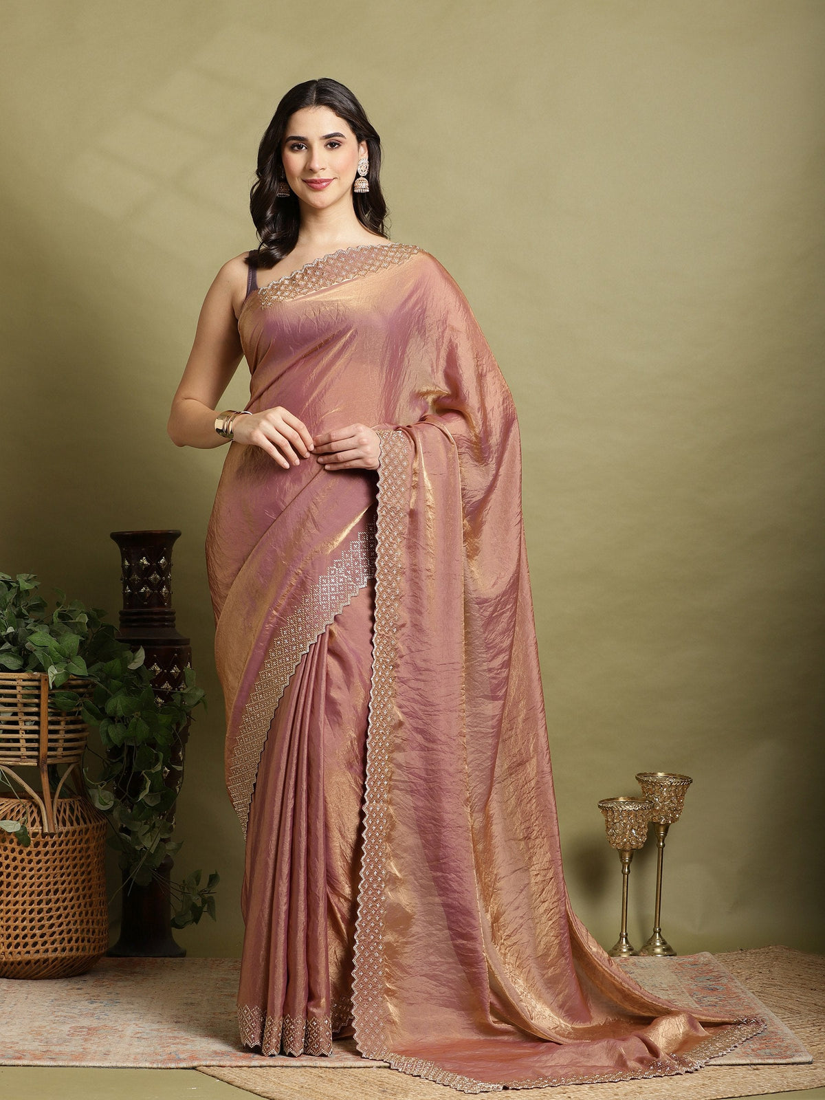 Onion Pink Embroidered Tissue Saree