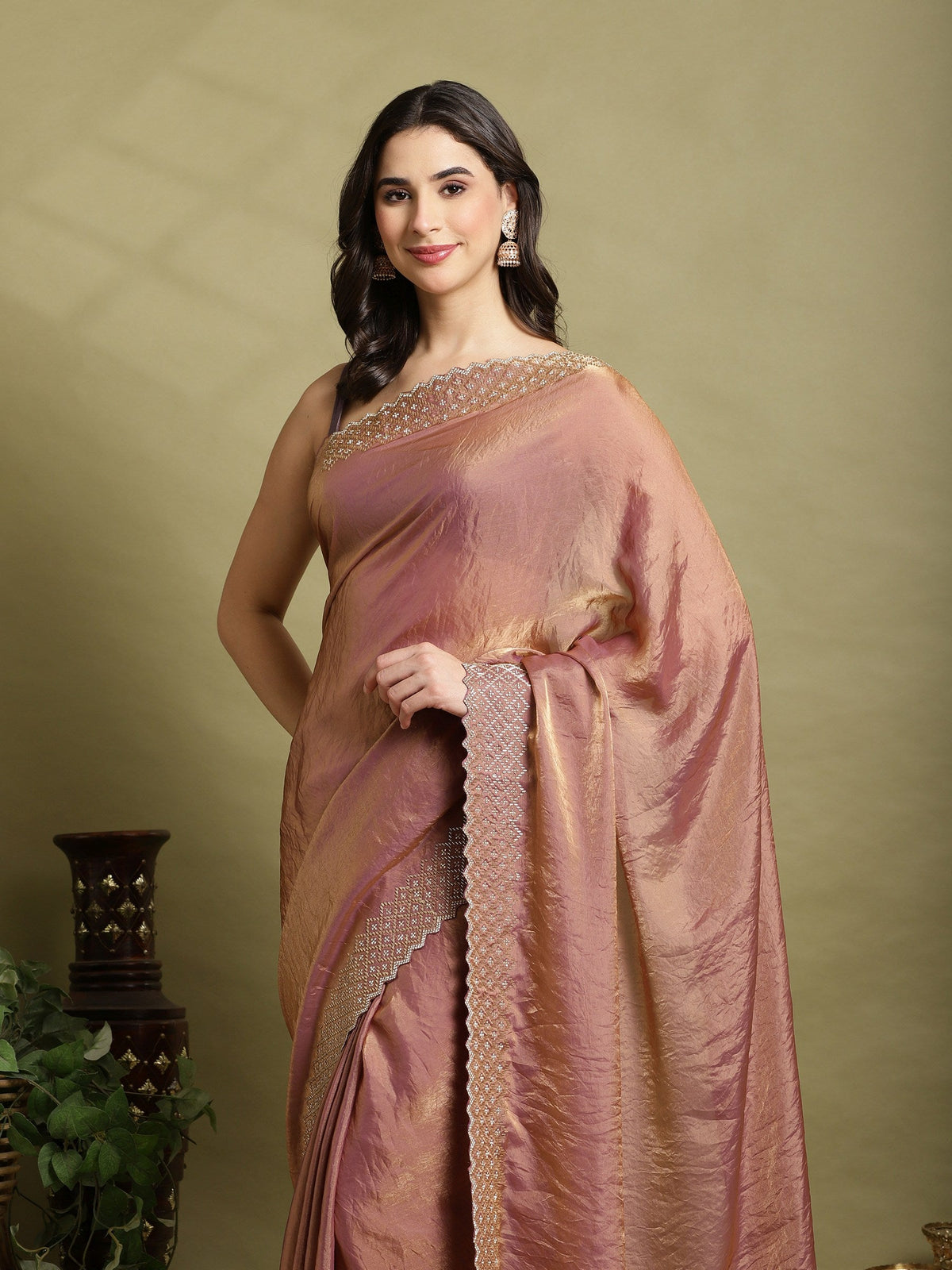 Onion Pink Embroidered Tissue Saree