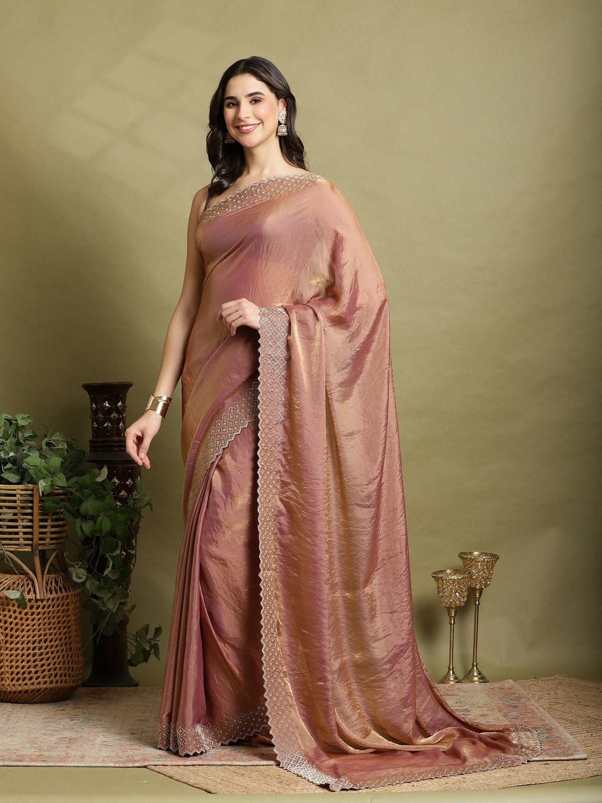 Onion Pink Embroidered Tissue Saree